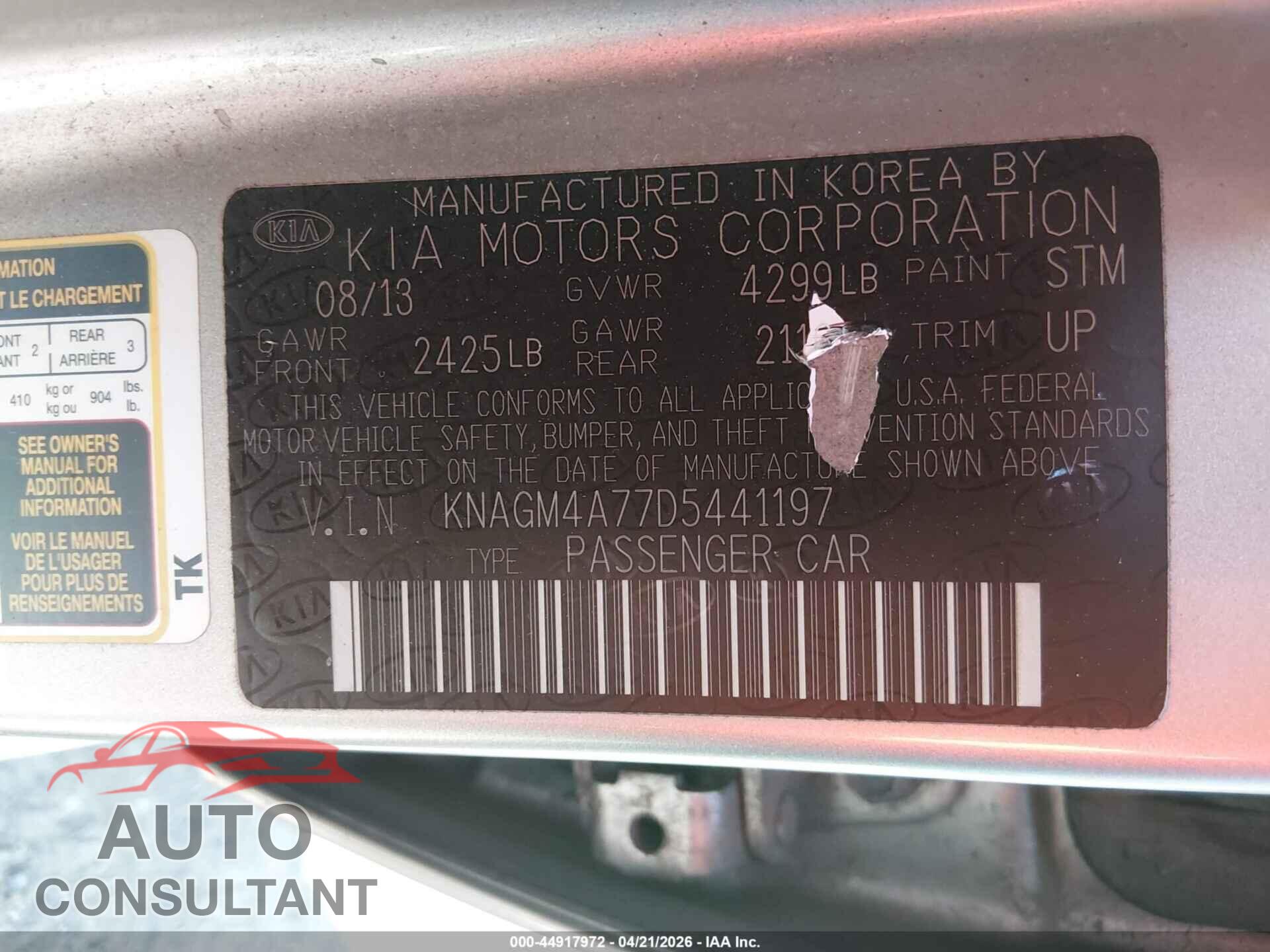 KIA OPTIMA 2013 - KNAGM4A77D5441197