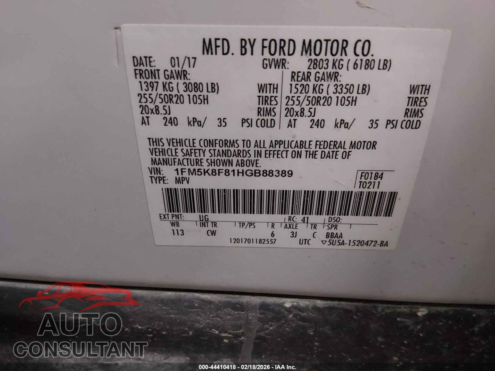 FORD EXPLORER 2017 - 1FM5K8F81HGB88389