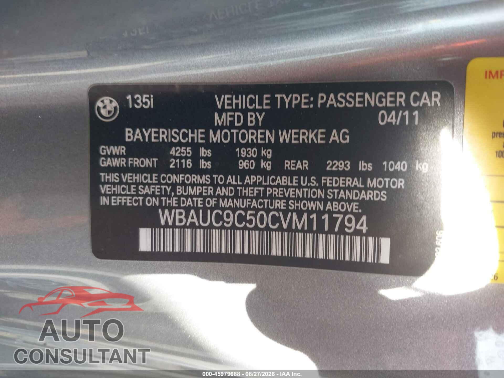 BMW 135I 2012 - WBAUC9C50CVM11794