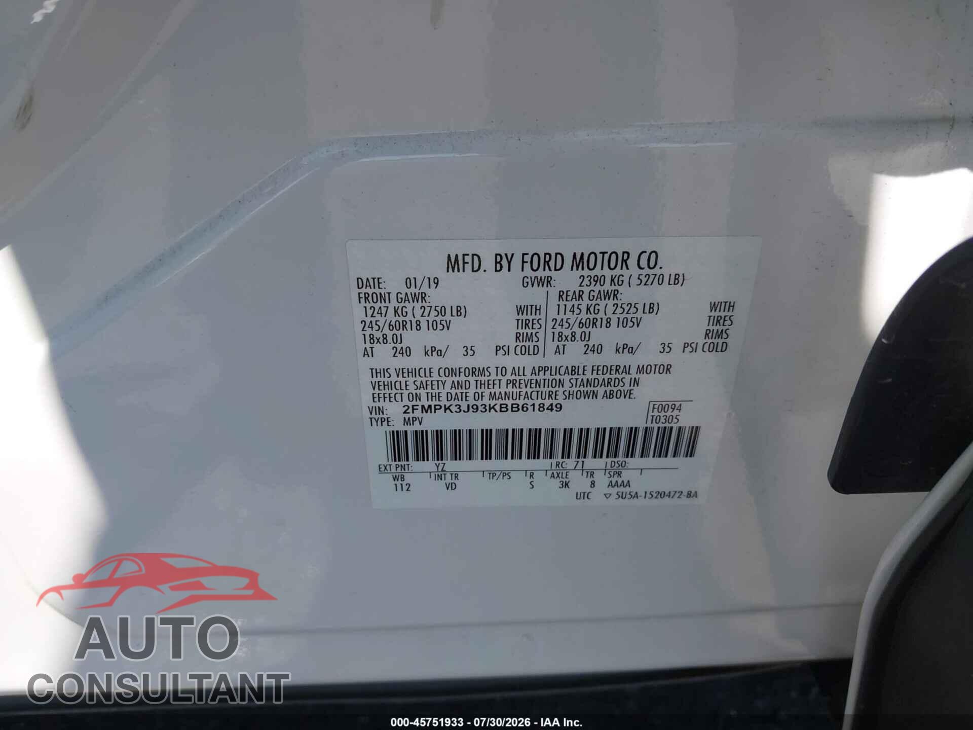 FORD EDGE 2019 - 2FMPK3J93KBB61849