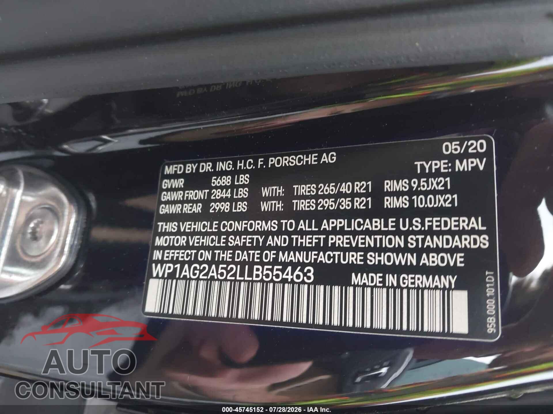 PORSCHE MACAN 2020 - WP1AG2A52LLB55463
