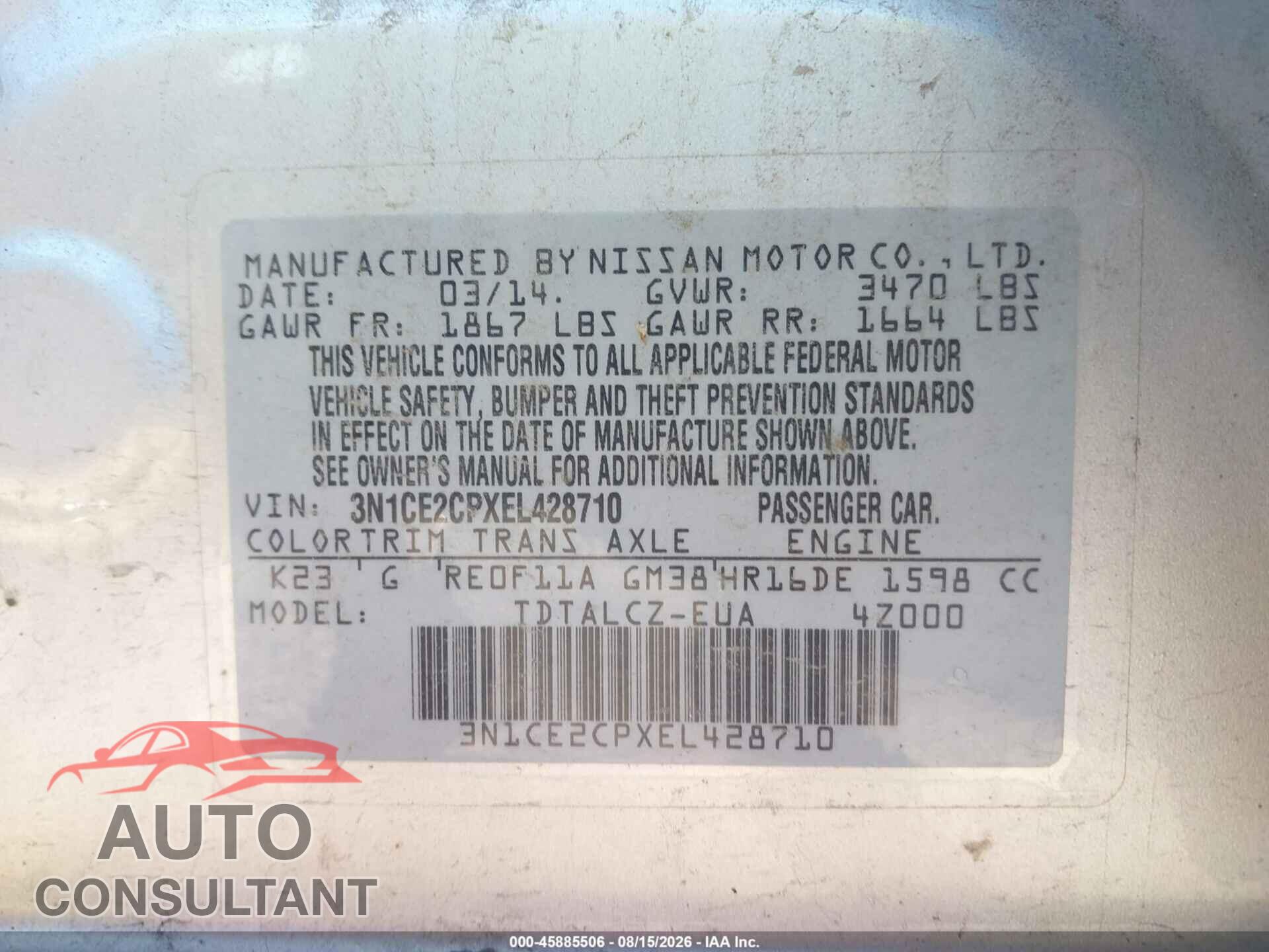 NISSAN VERSA NOTE 2014 - 3N1CE2CPXEL428710