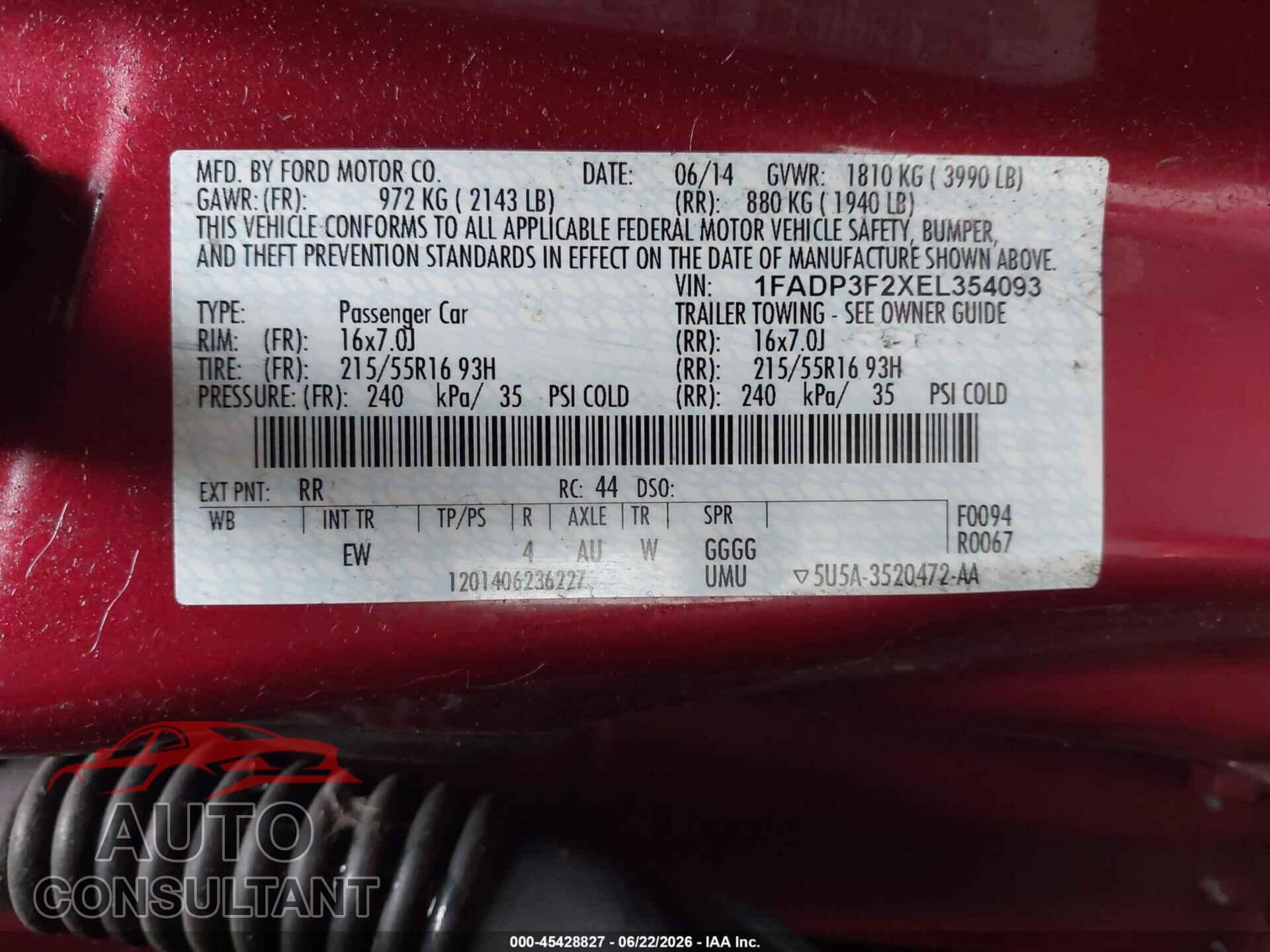 FORD FOCUS 2014 - 1FADP3F2XEL354093
