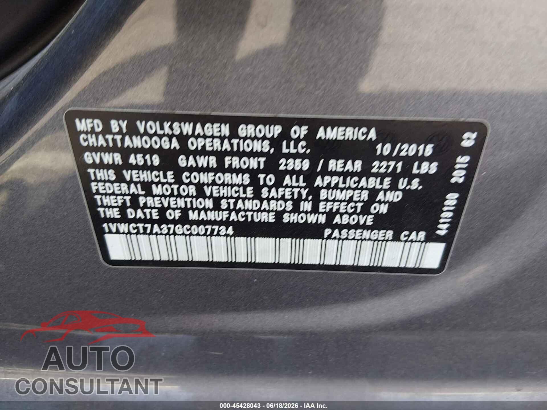 VOLKSWAGEN PASSAT 2016 - 1VWCT7A37GC007734