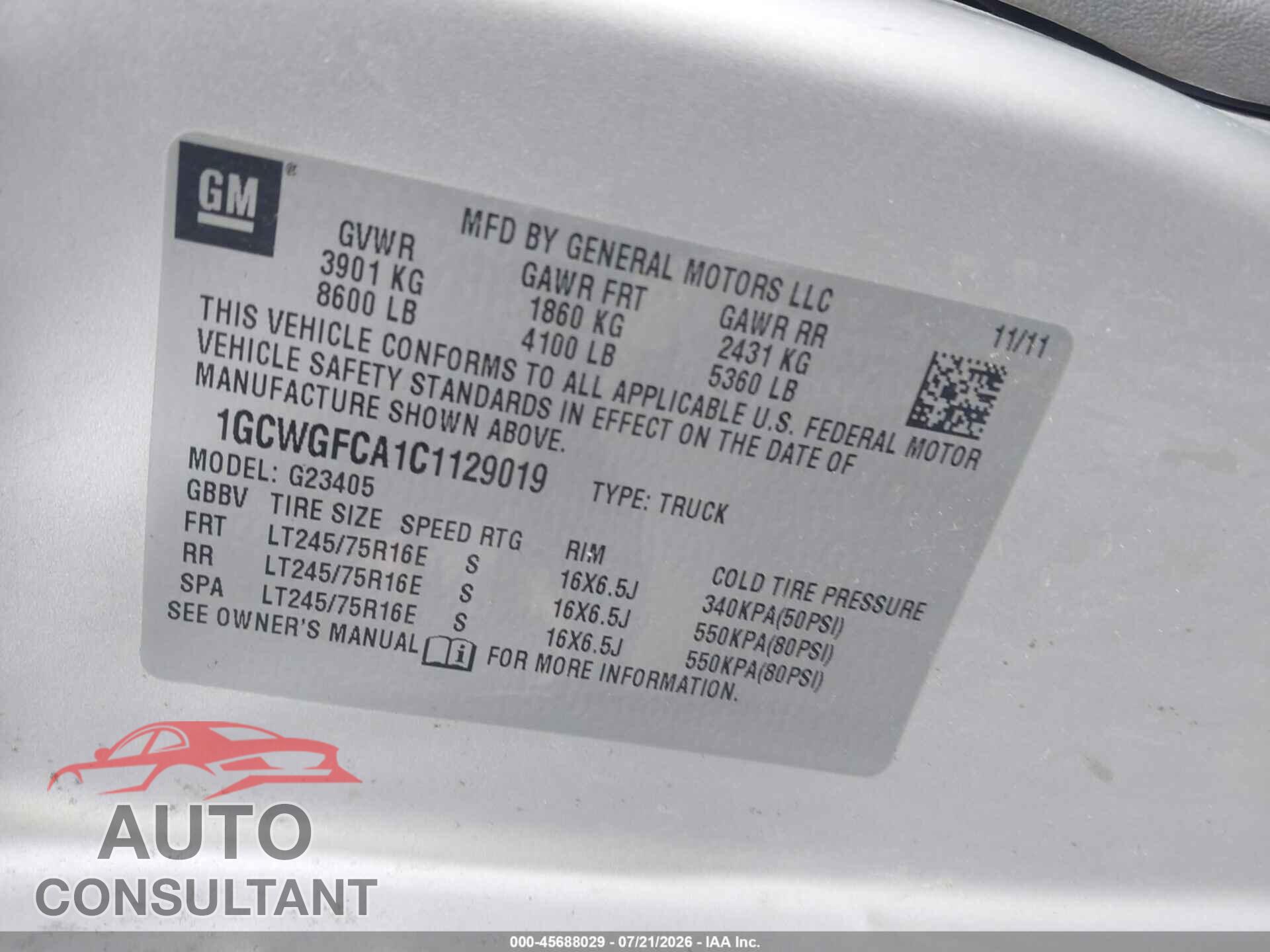CHEVROLET EXPRESS 2500 2012 - 1GCWGFCA1C1129019