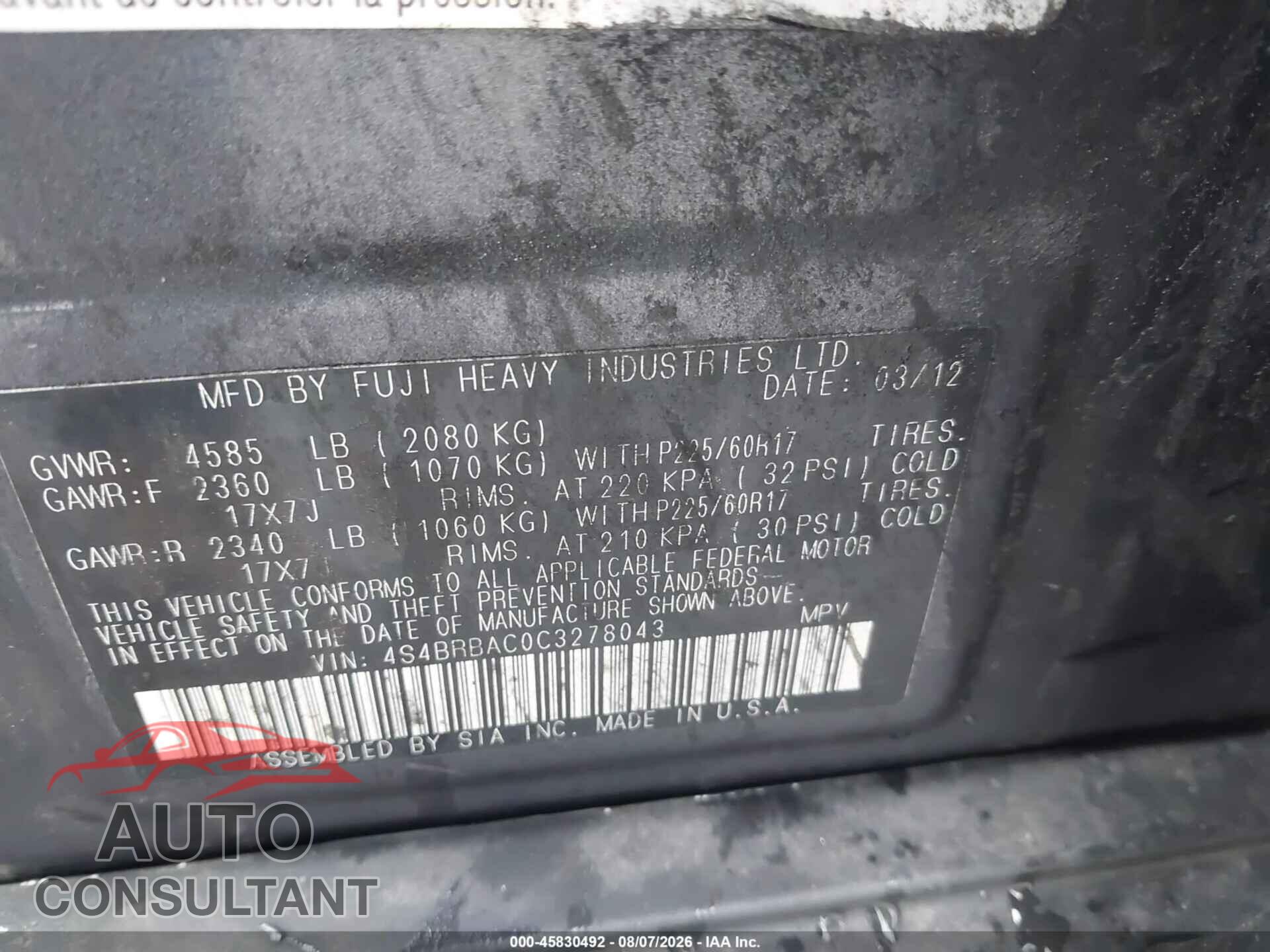 SUBARU OUTBACK 2012 - 4S4BRBAC0C3278043