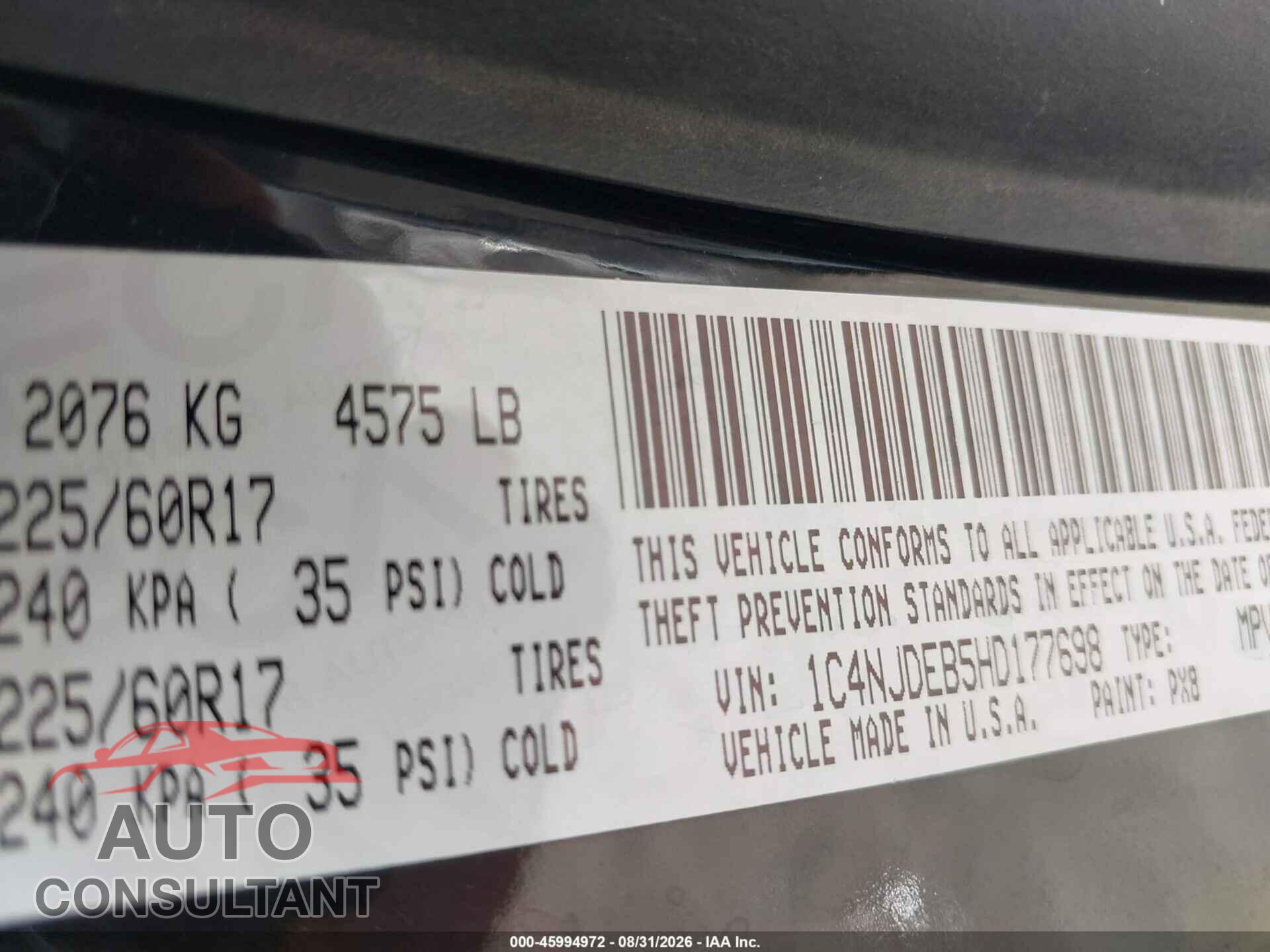 JEEP COMPASS 2017 - 1C4NJDEB5HD177698