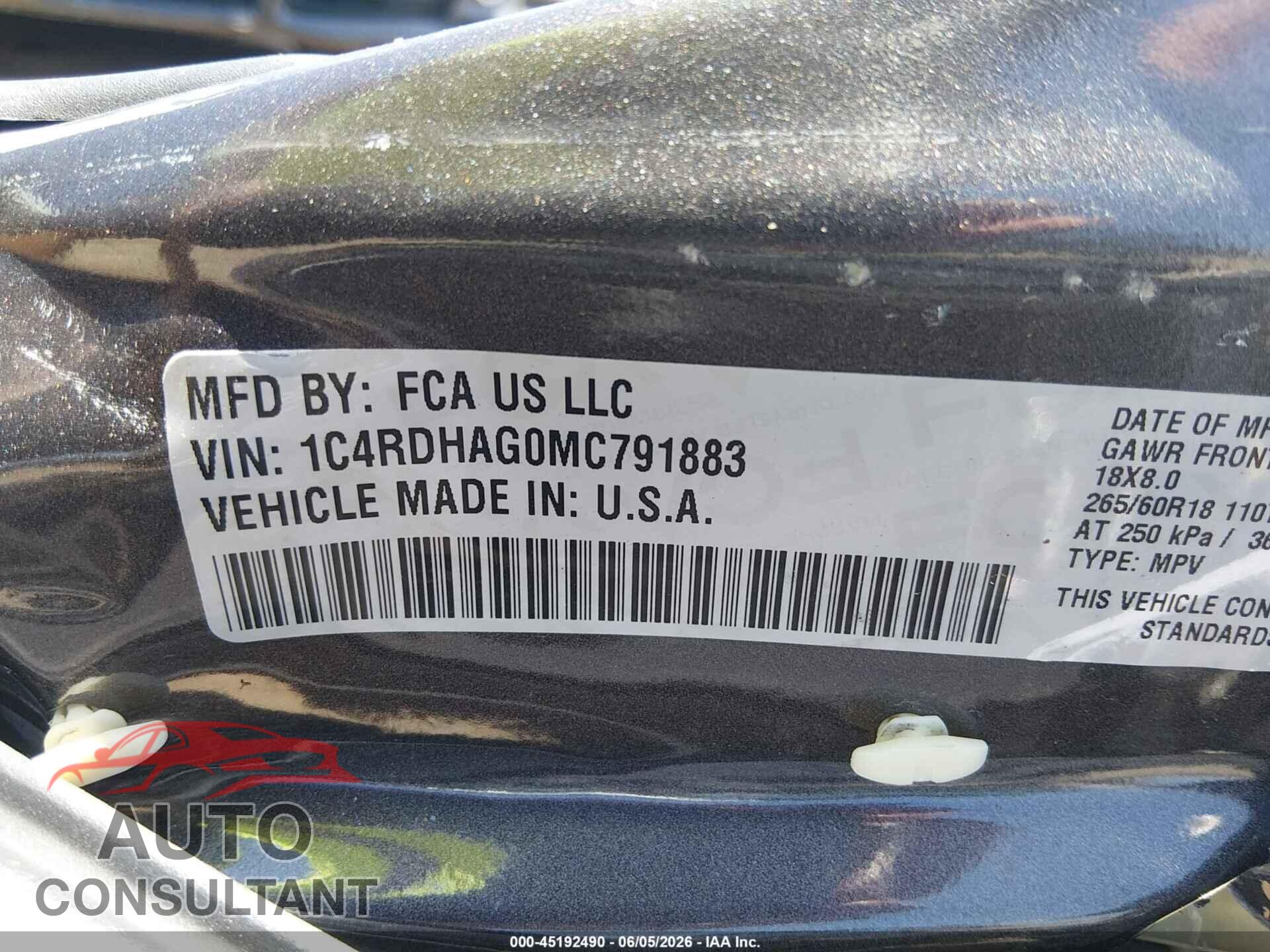 DODGE DURANGO 2021 - 1C4RDHAG0MC791883