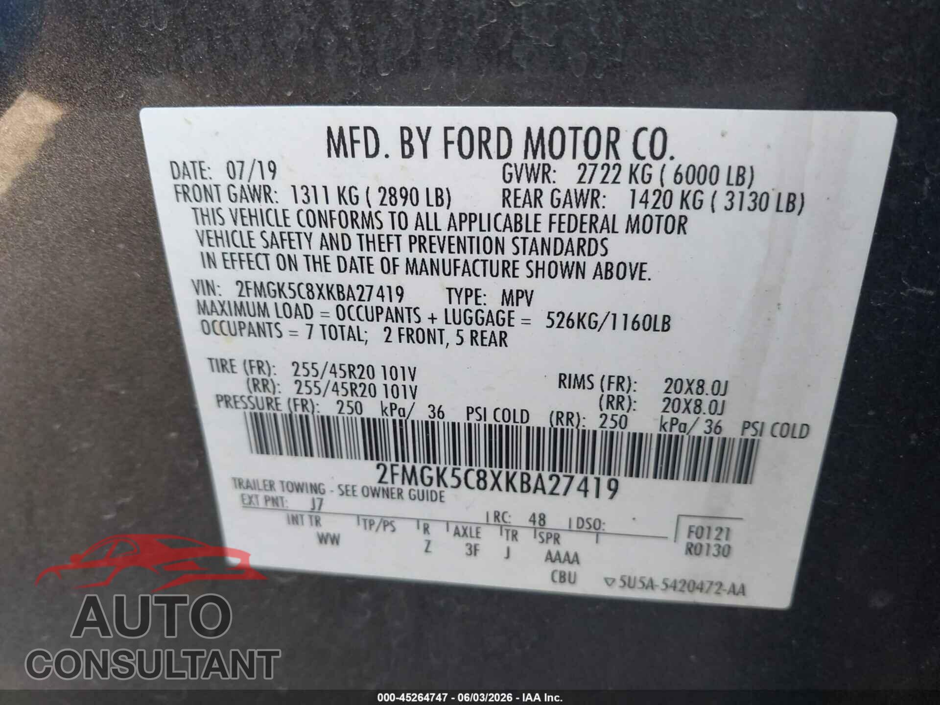FORD FLEX 2019 - 2FMGK5C8XKBA27419