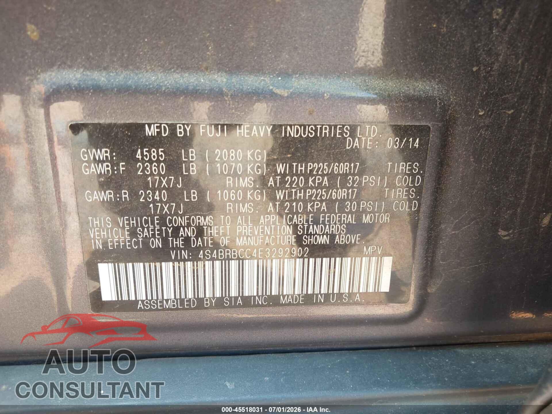 SUBARU OUTBACK 2014 - 4S4BRBCC4E3292902