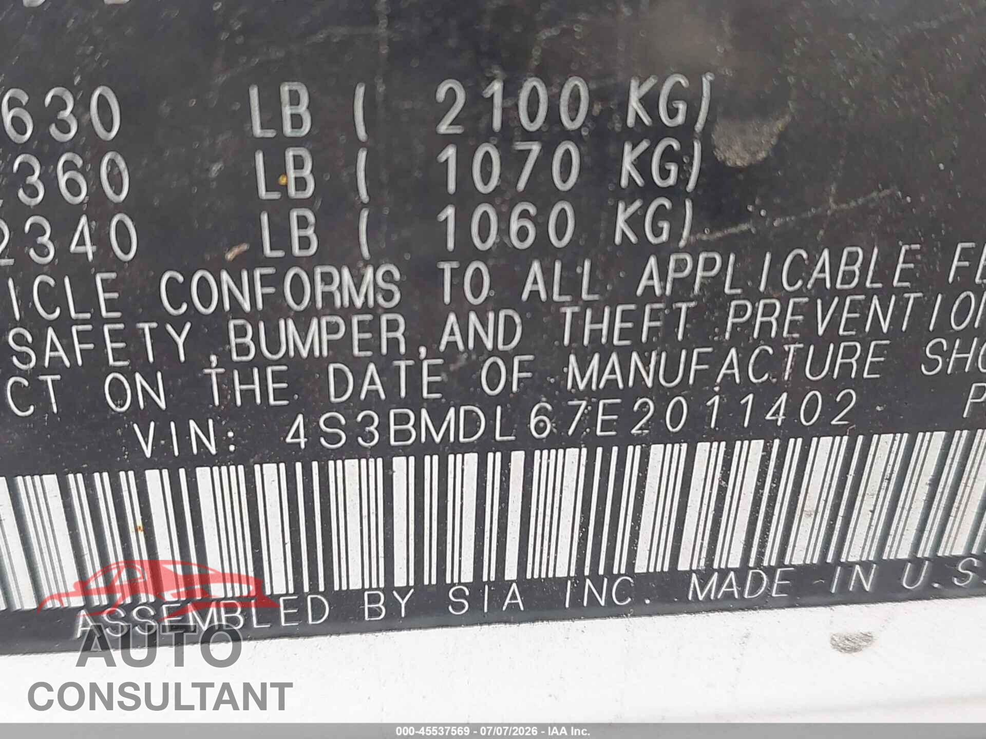 SUBARU LEGACY 2014 - 4S3BMDL67E2011402