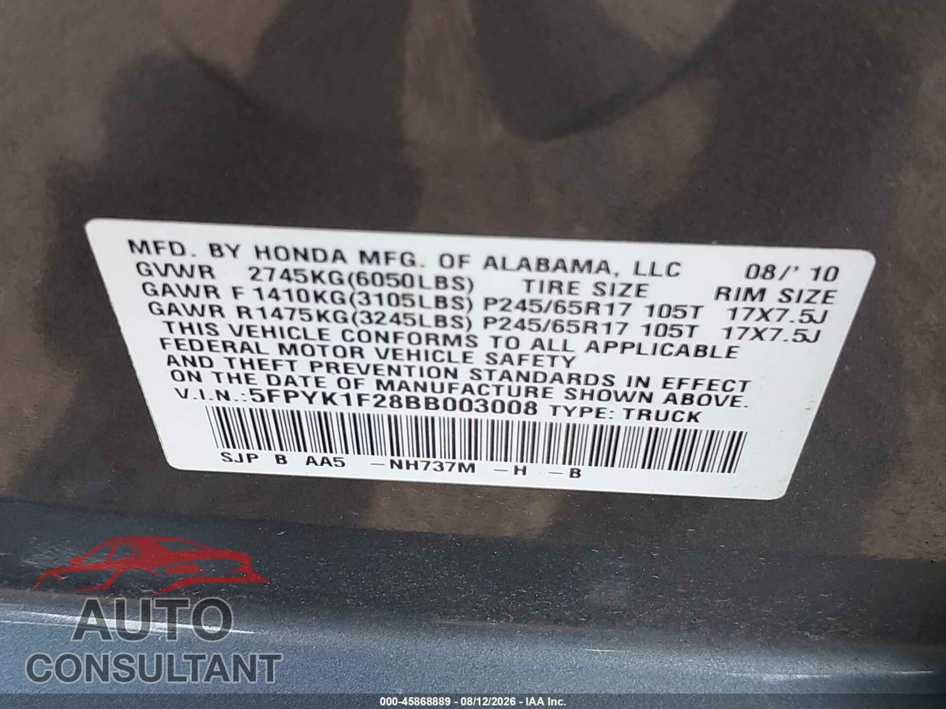 HONDA RIDGELINE 2011 - 5FPYK1F28BB003008