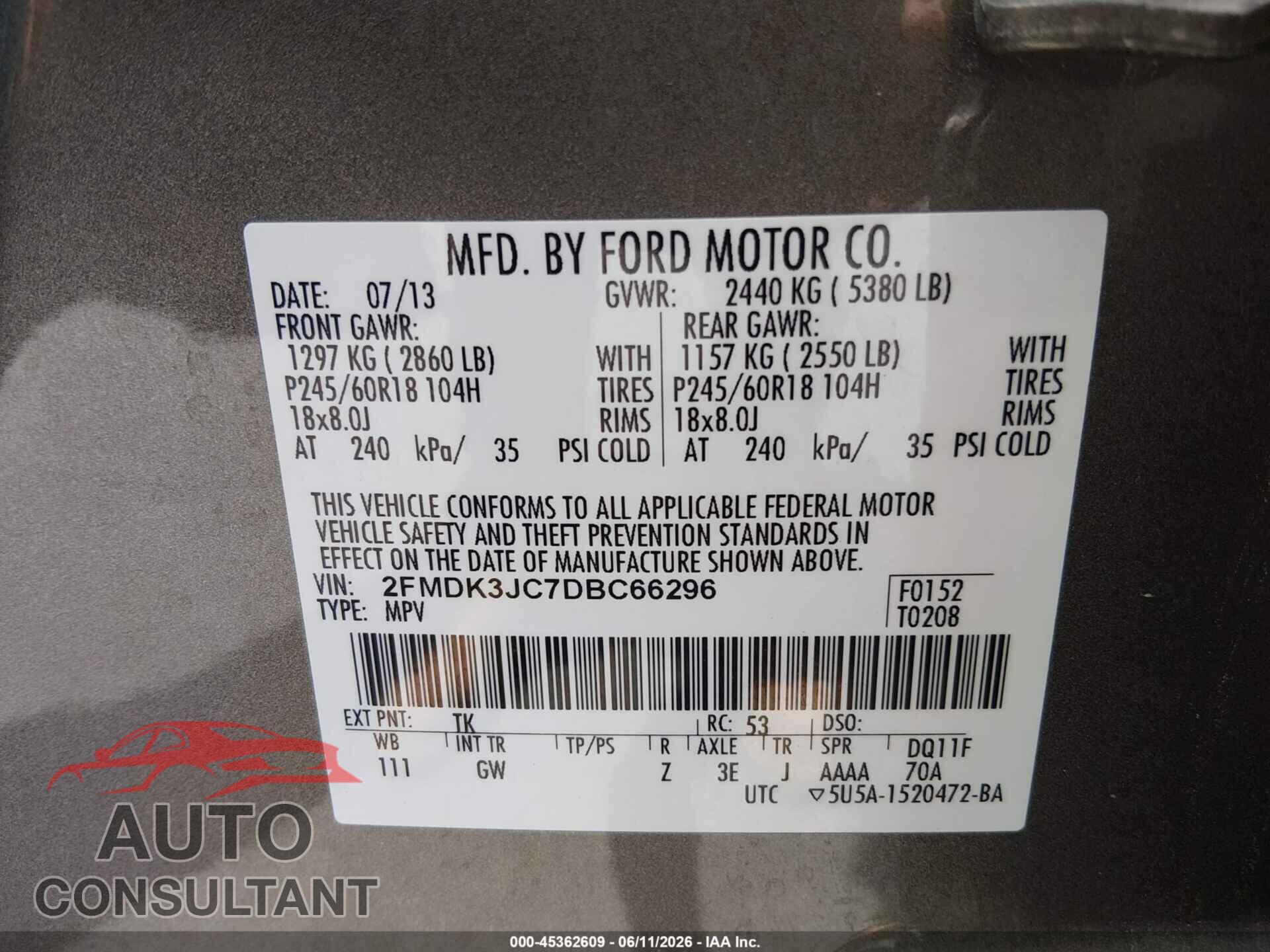 FORD EDGE 2013 - 2FMDK3JC7DBC66296