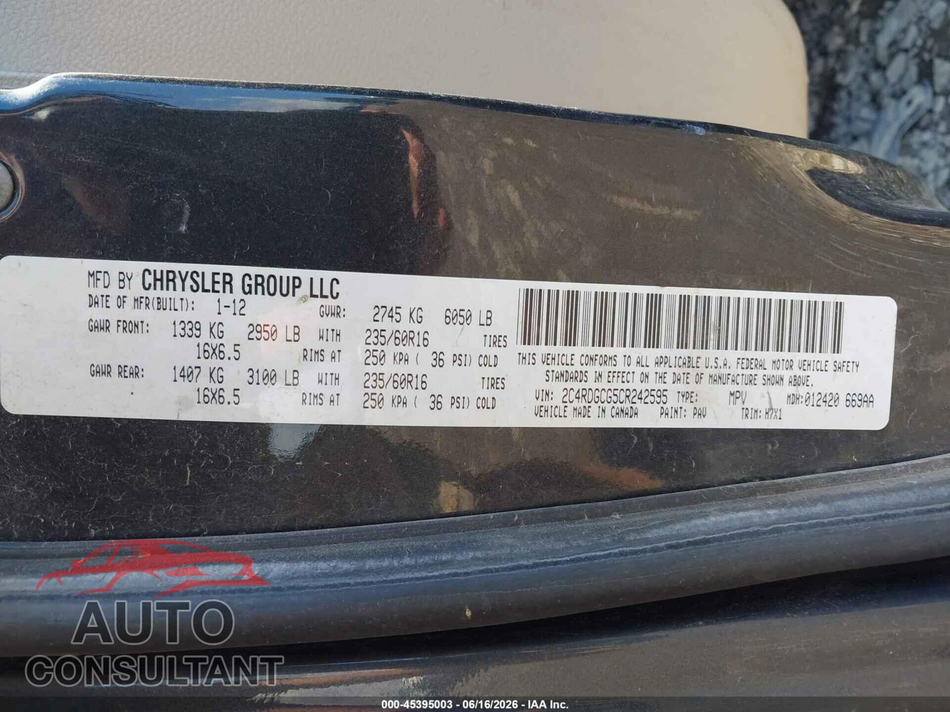 DODGE GRAND CARAVAN 2012 - 2C4RDGCG5CR242595