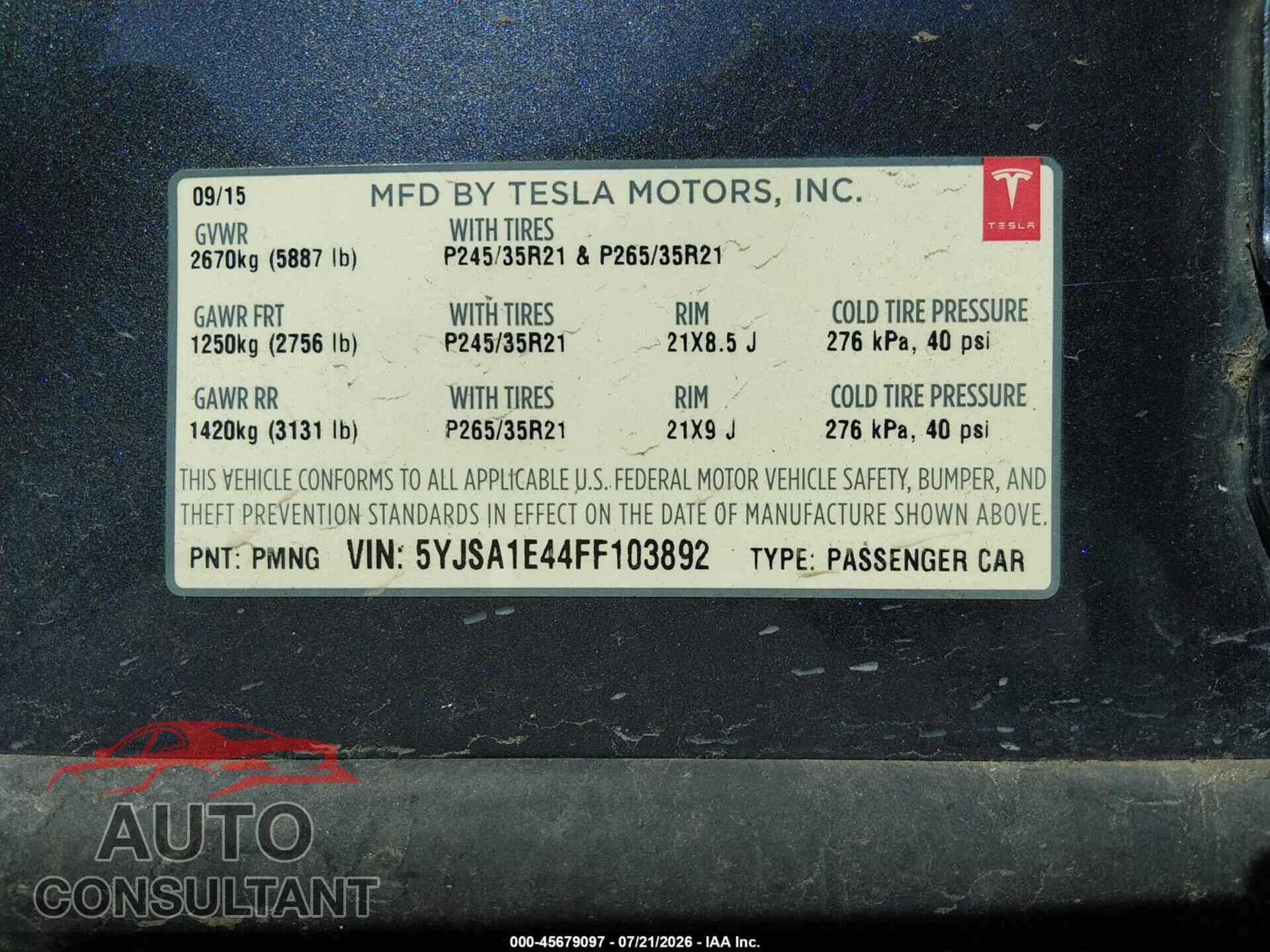 TESLA MODEL S 2015 - 5YJSA1E44FF103892