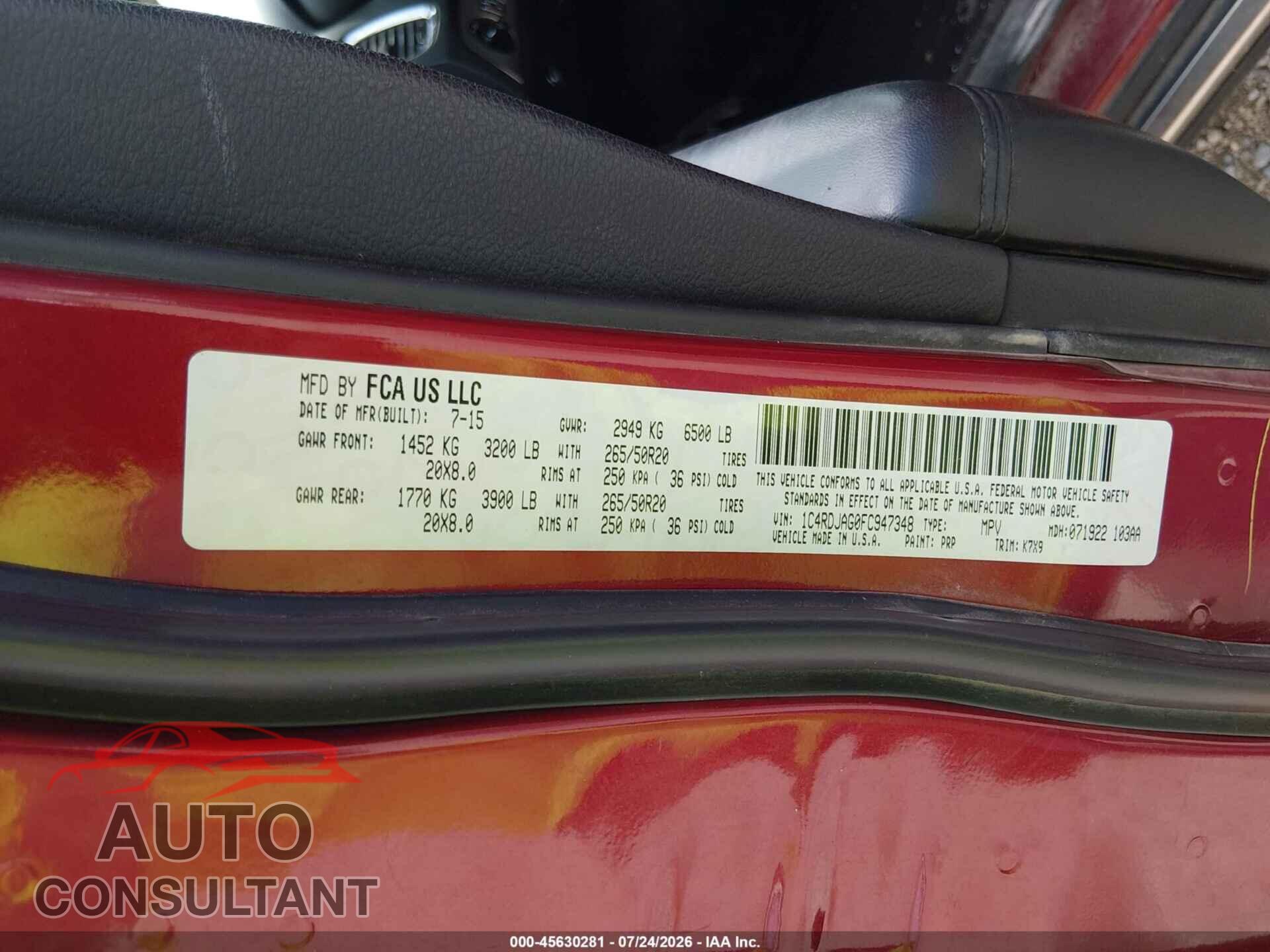 DODGE DURANGO 2015 - 1C4RDJAG0FC947348