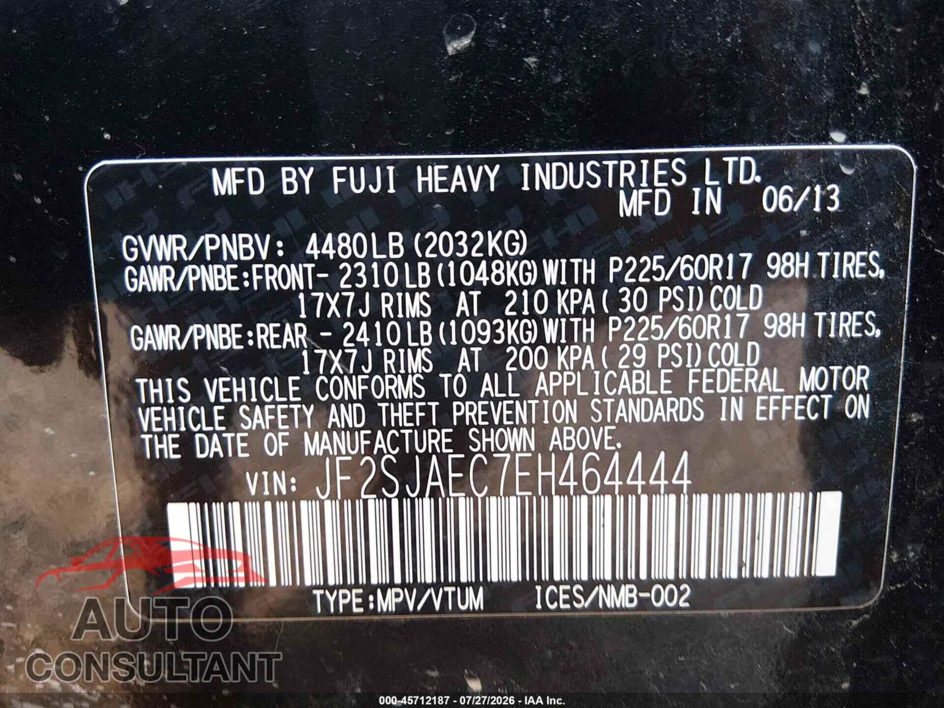 SUBARU FORESTER 2014 - JF2SJAEC7EH464444