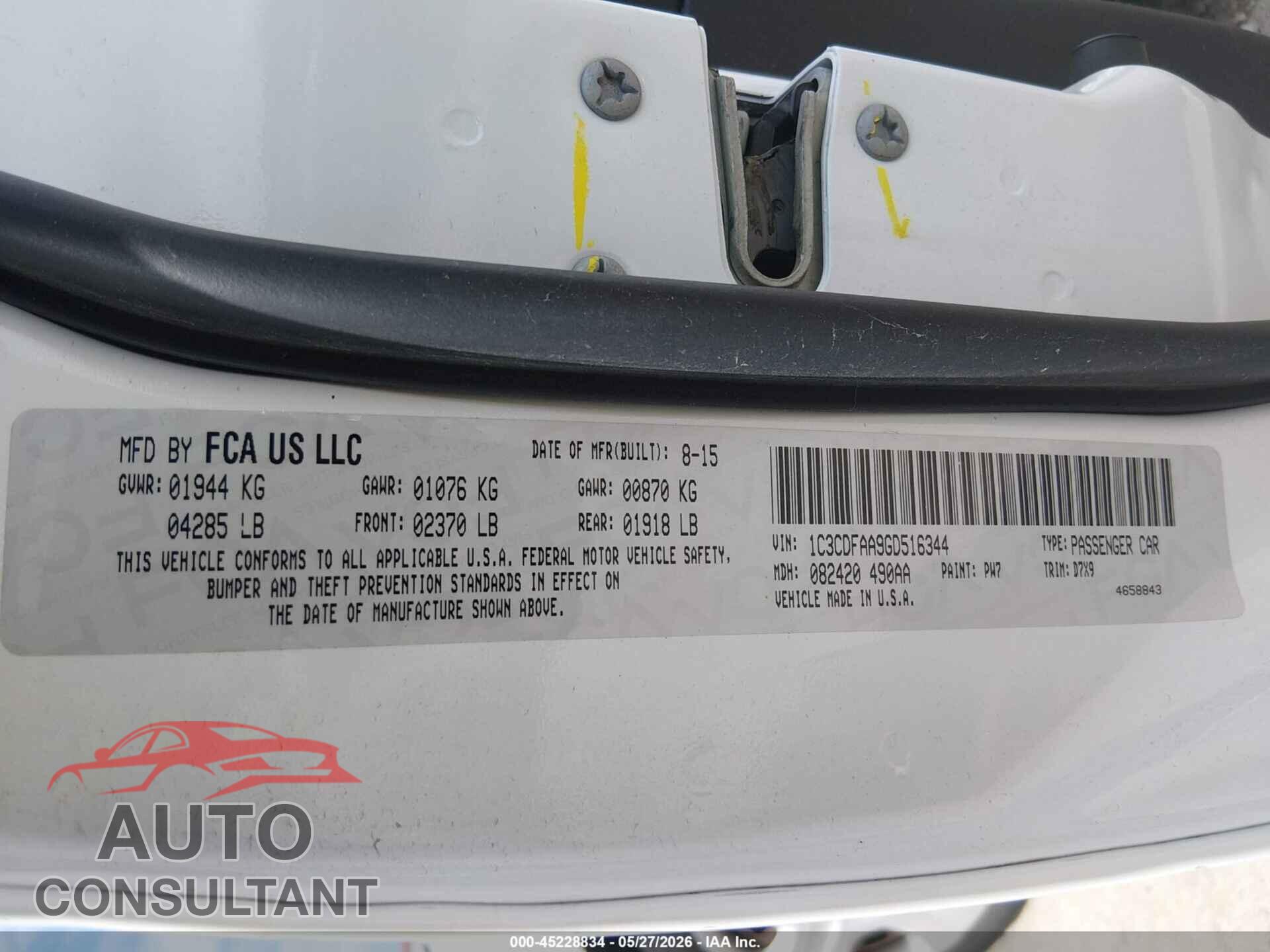 DODGE DART 2016 - 1C3CDFAA9GD516344