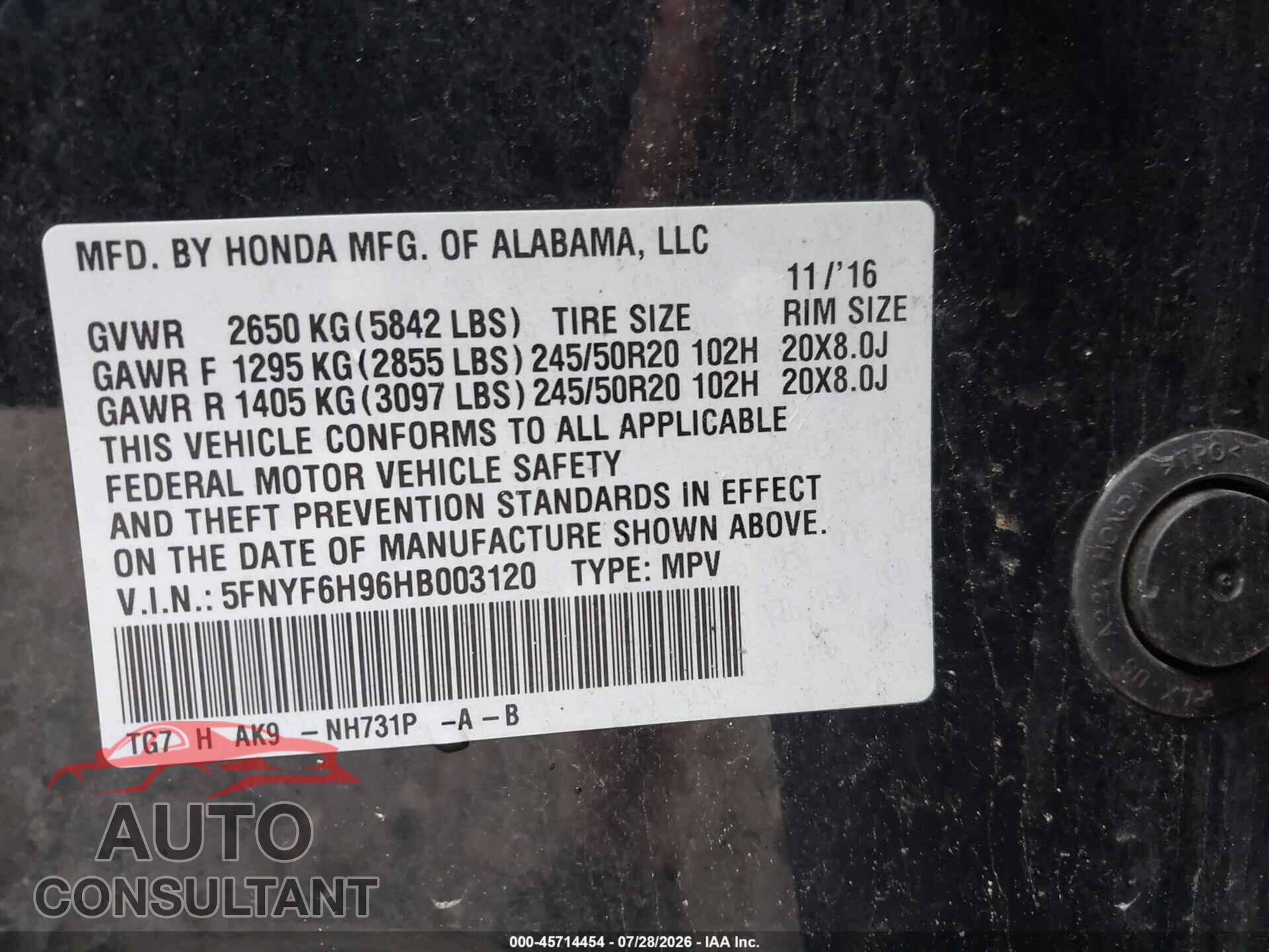 HONDA PILOT 2017 - 5FNYF6H96HB003120