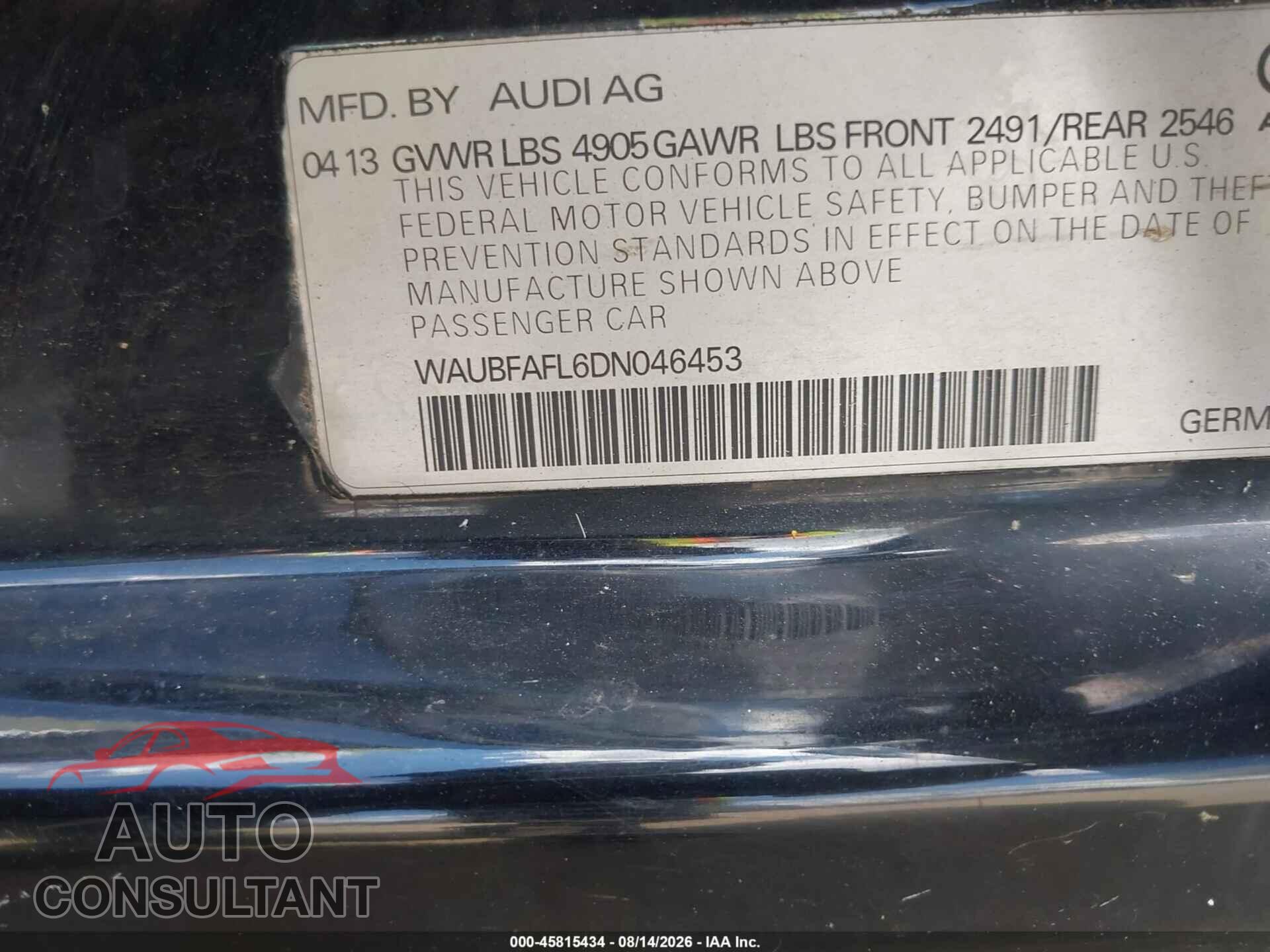 AUDI A4 2013 - WAUBFAFL6DN046453