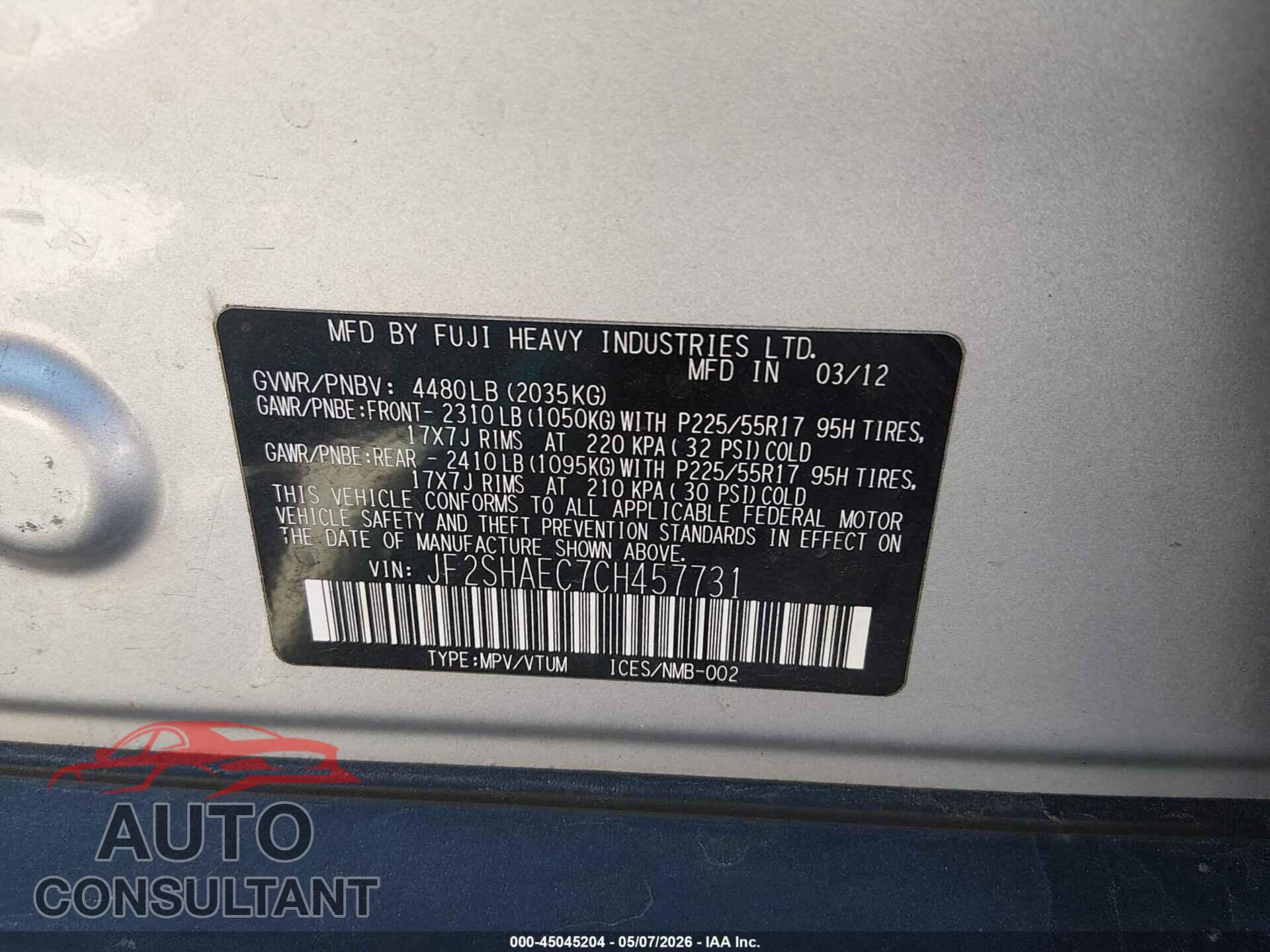 SUBARU FORESTER 2012 - JF2SHAEC7CH457731