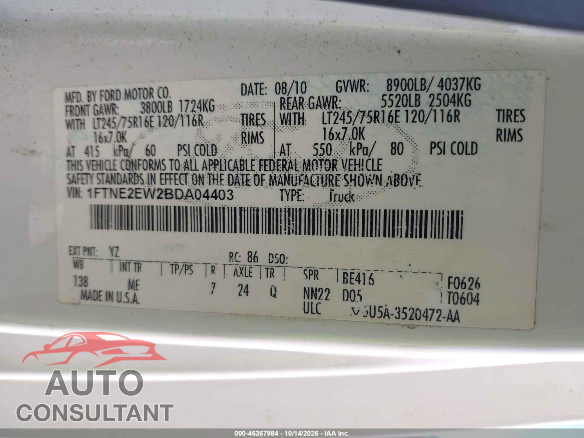 FORD E-250 2011 - 1FTNE2EW2BDA04403