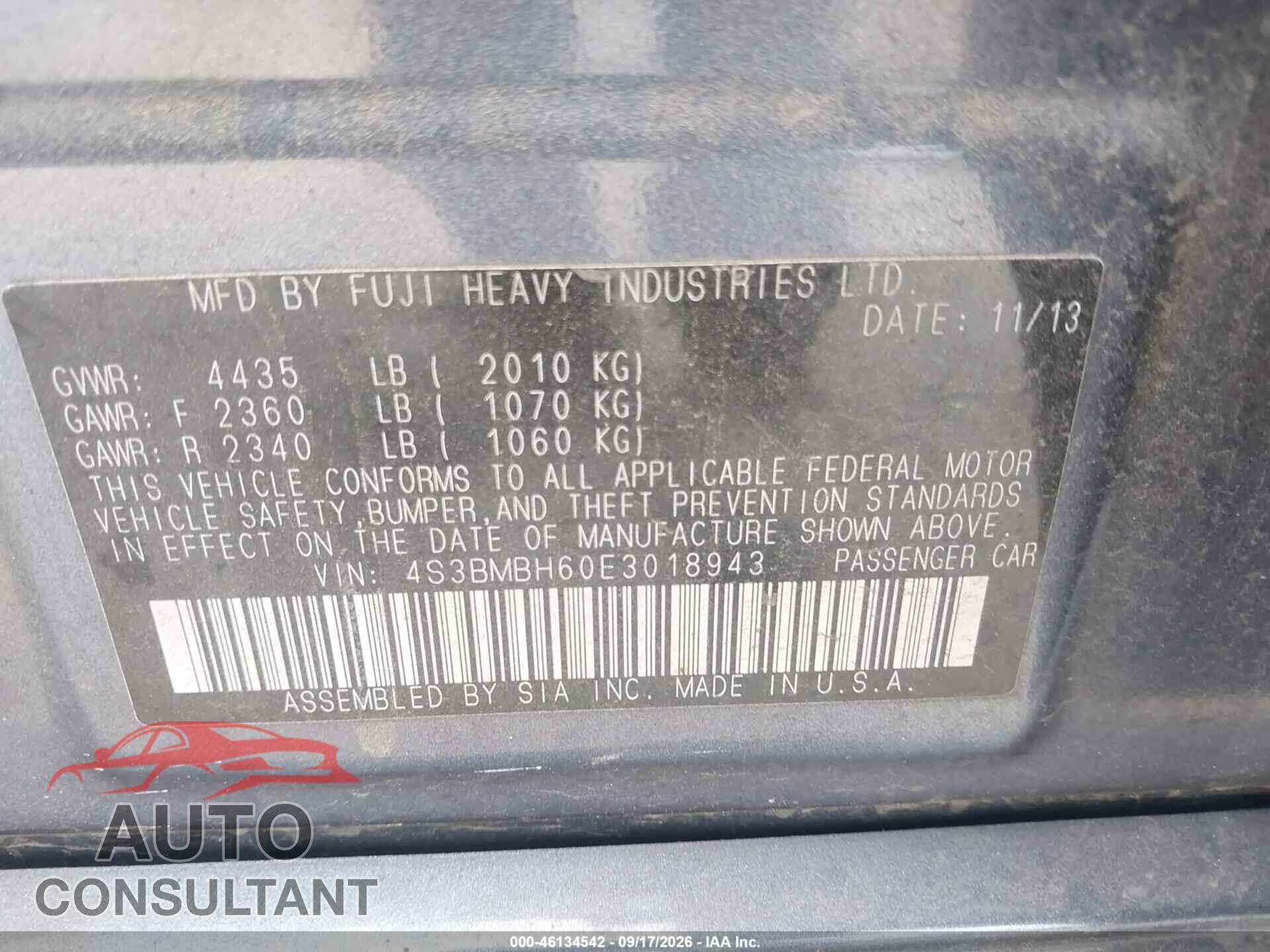 SUBARU LEGACY 2014 - 4S3BMBH60E3018943