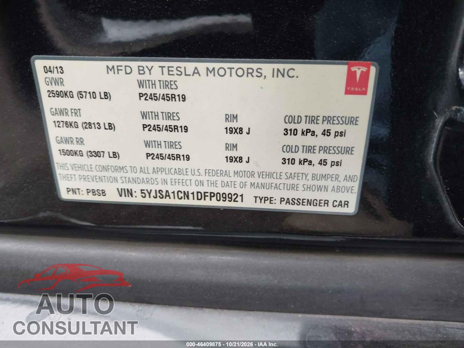 TESLA MODEL S 2013 - 5YJSA1CN1DFP09921