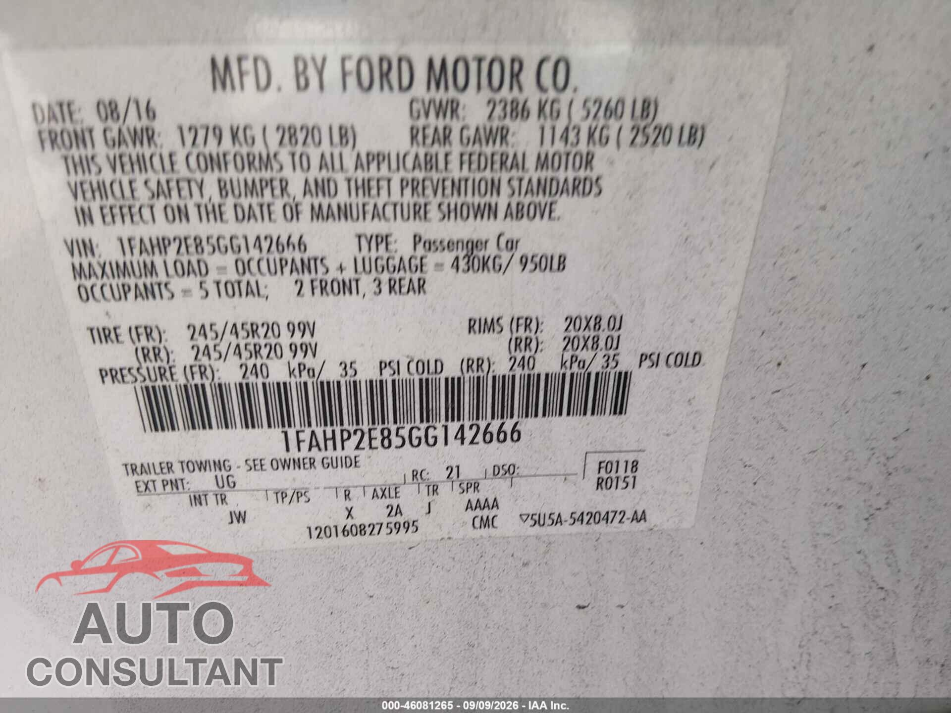 FORD TAURUS 2016 - 1FAHP2E85GG142666