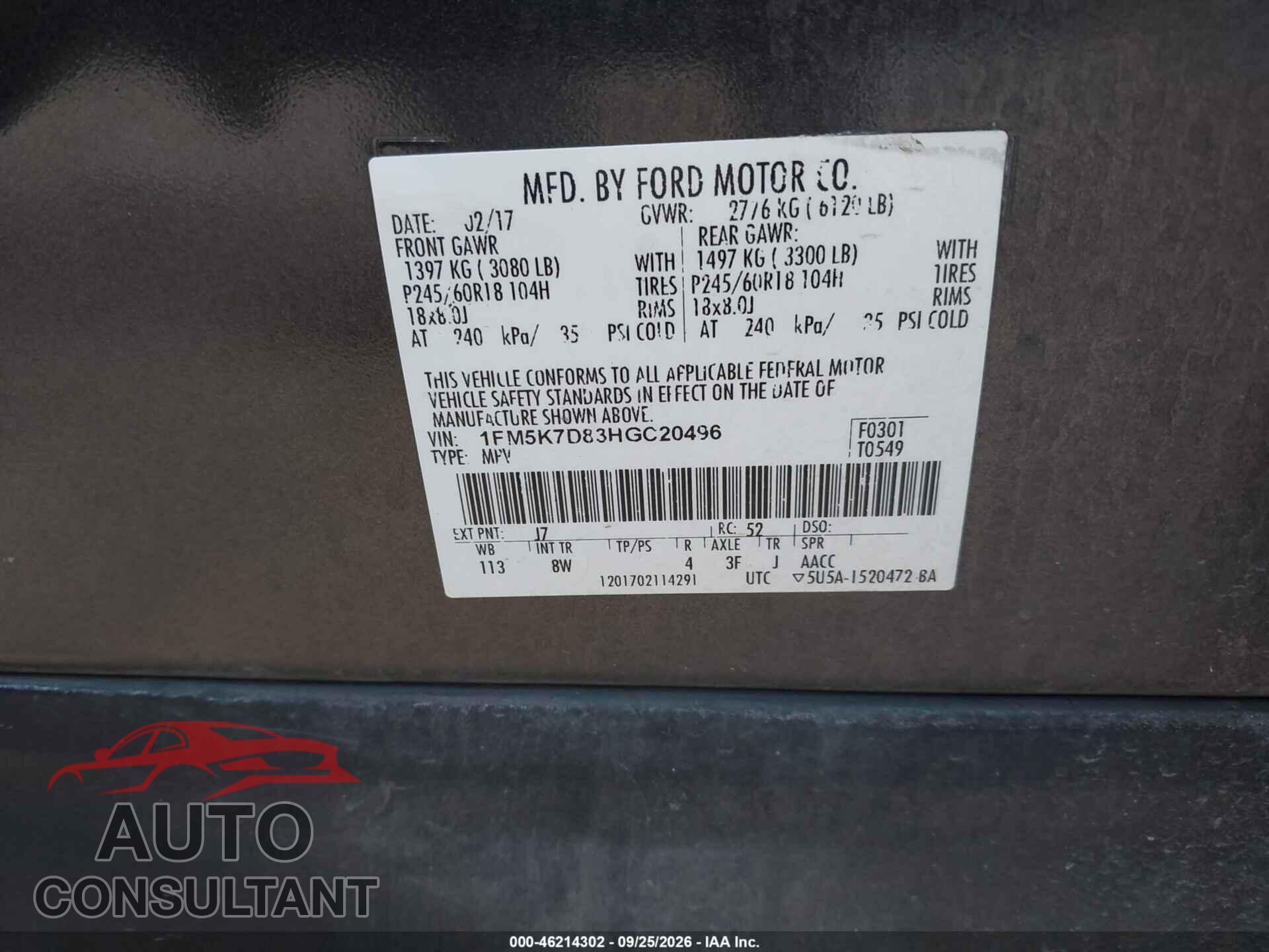 FORD EXPLORER 2017 - 1FM5K7D83HGC20496