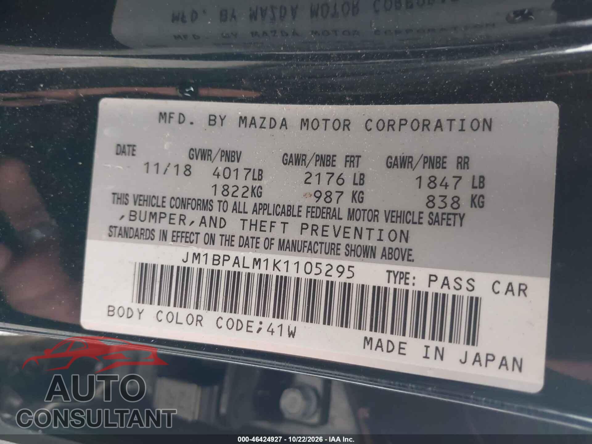 MAZDA MAZDA3 2019 - JM1BPALM1K1105295