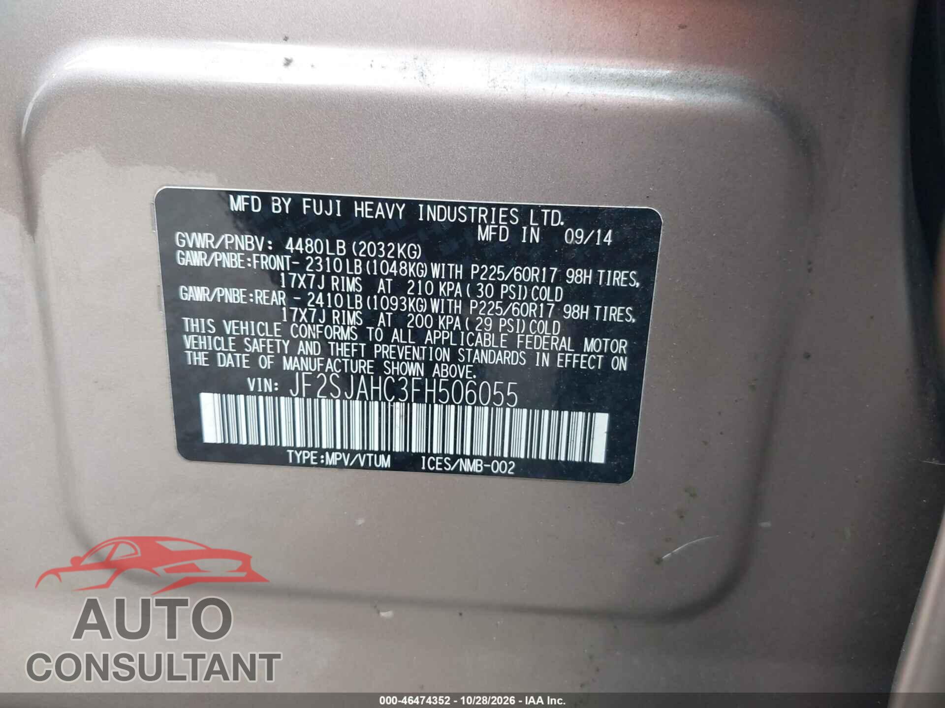 SUBARU FORESTER 2015 - JF2SJAHC3FH506055