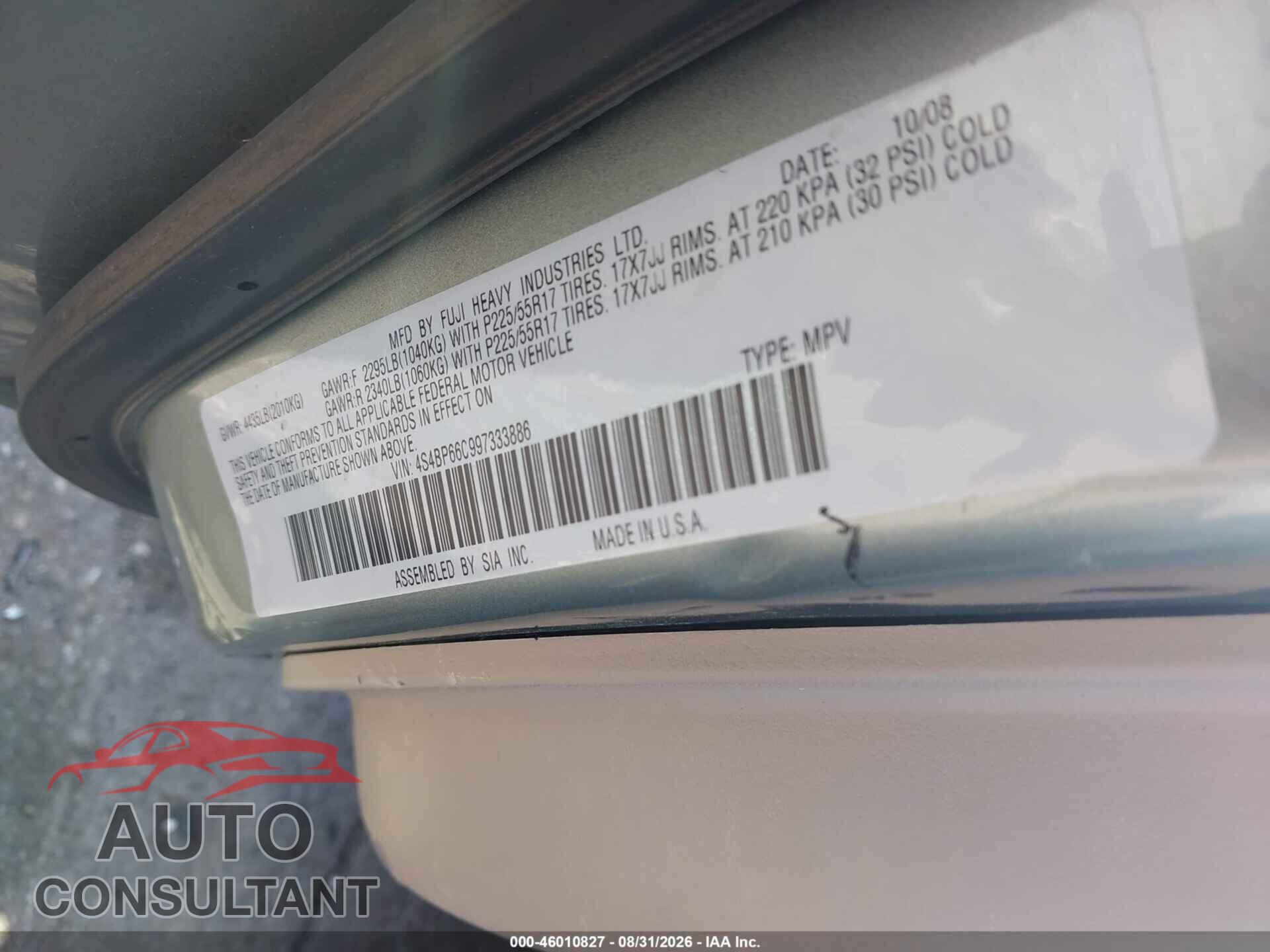 SUBARU OUTBACK 2009 - 4S4BP66C997333886