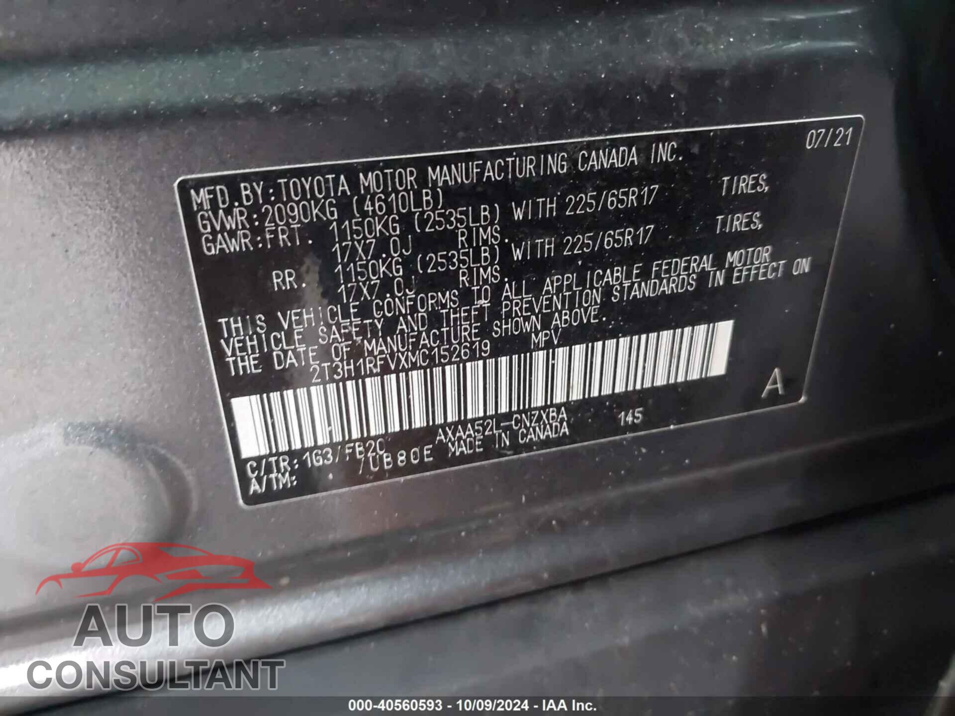 TOYOTA RAV4 2021 - 2T3H1RFVXMC152619