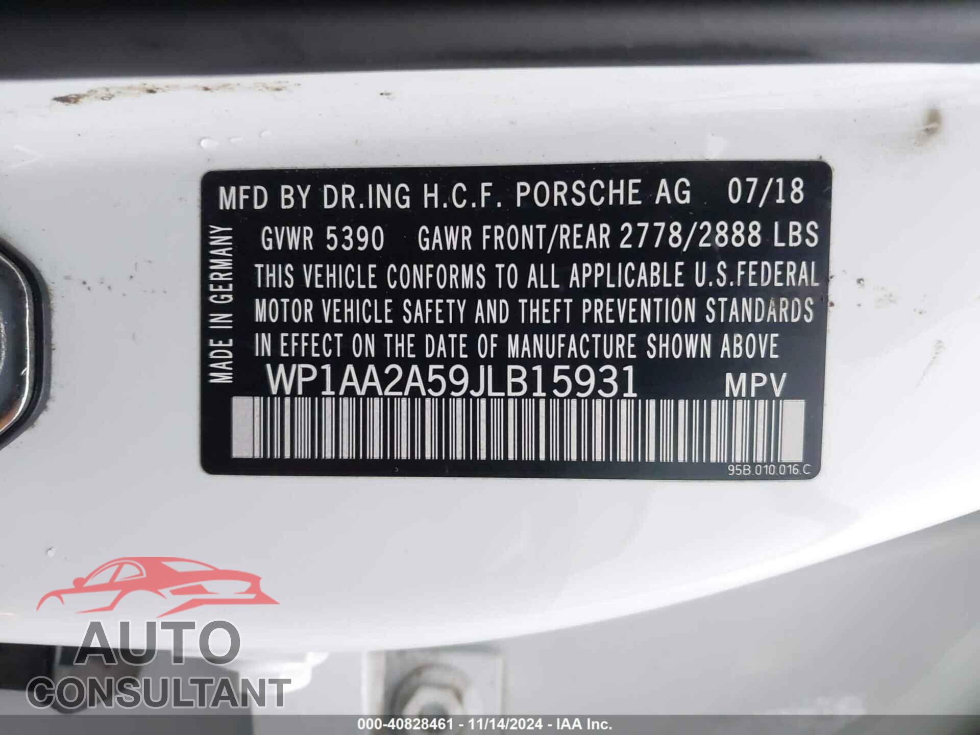 PORSCHE MACAN 2018 - WP1AA2A59JLB15931