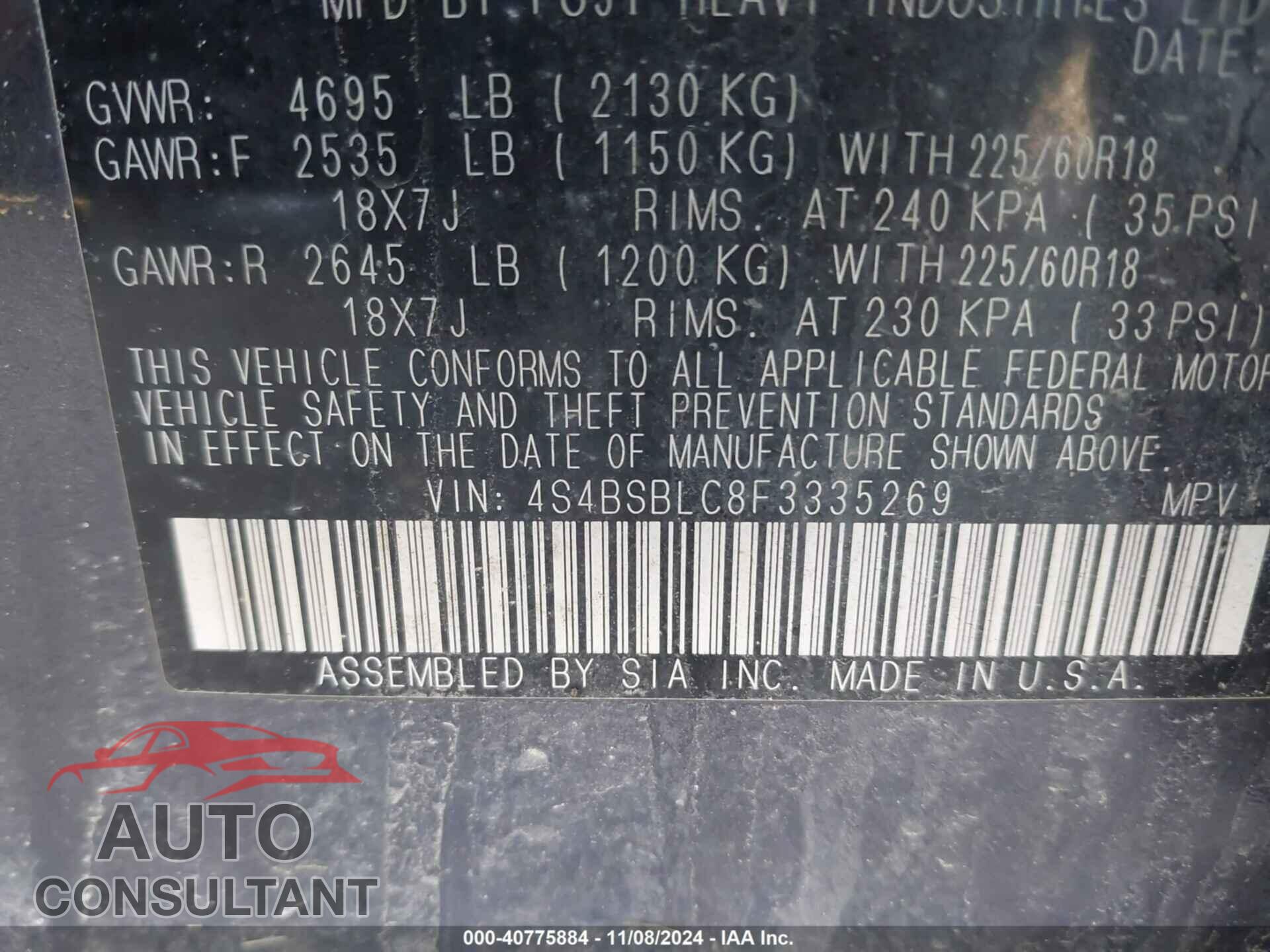SUBARU OUTBACK 2015 - 4S4BSBLC8F3335269