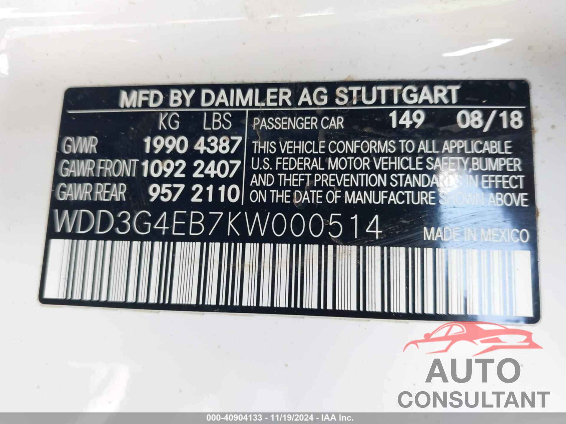 MERCEDES-BENZ A 220 2019 - WDD3G4EB7KW000514