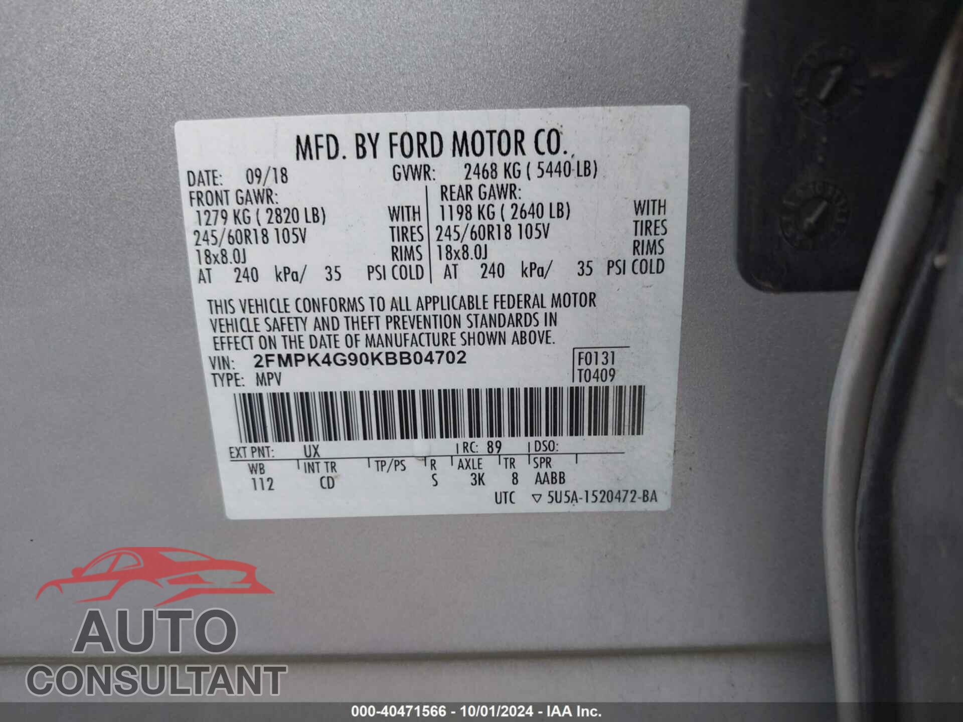 FORD EDGE 2019 - 2FMPK4G90KBB04702