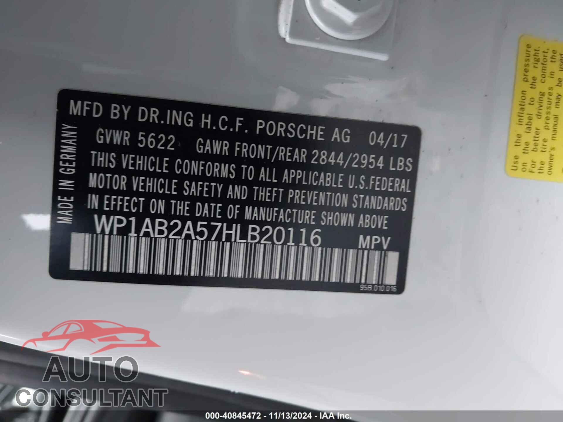 PORSCHE MACAN 2017 - WP1AB2A57HLB20116