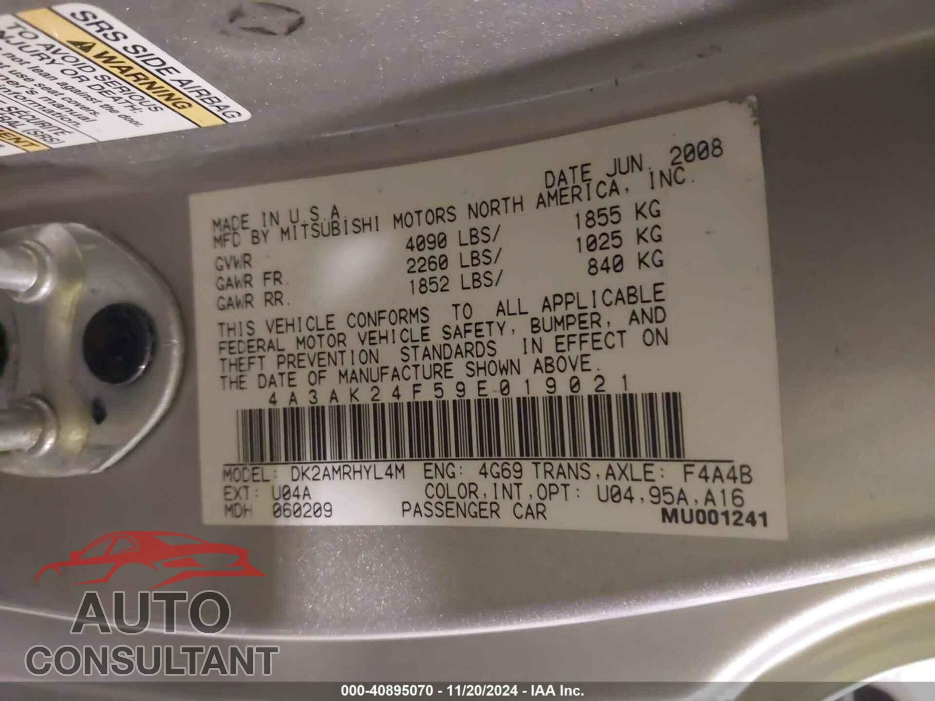 MITSUBISHI ECLIPSE 2009 - 4A3AK24F59E019021