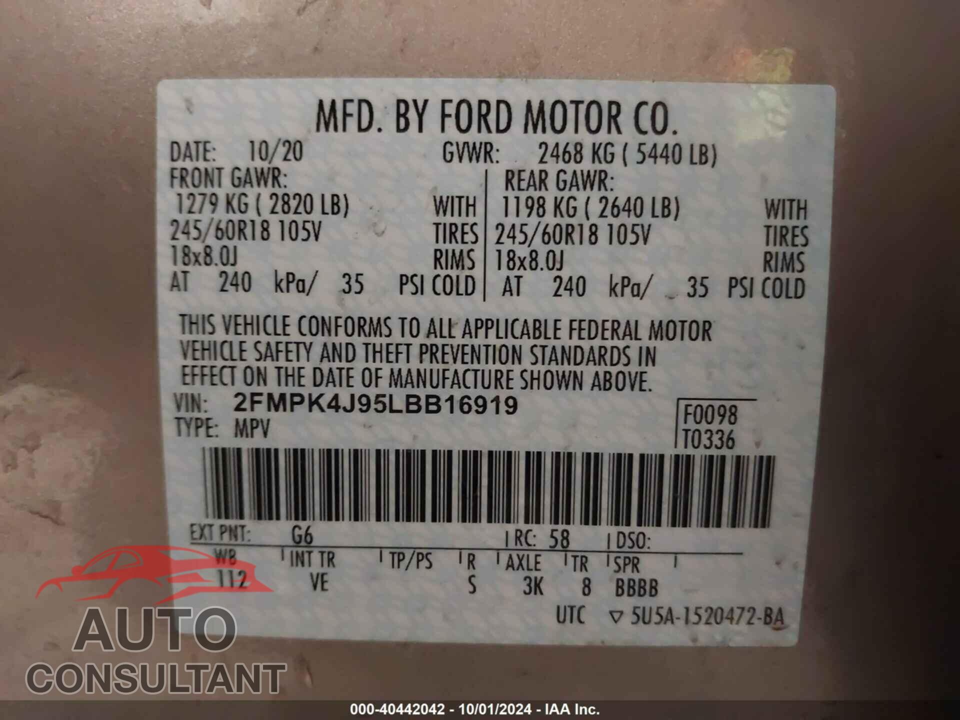 FORD EDGE 2020 - 2FMPK4J95LBB16919