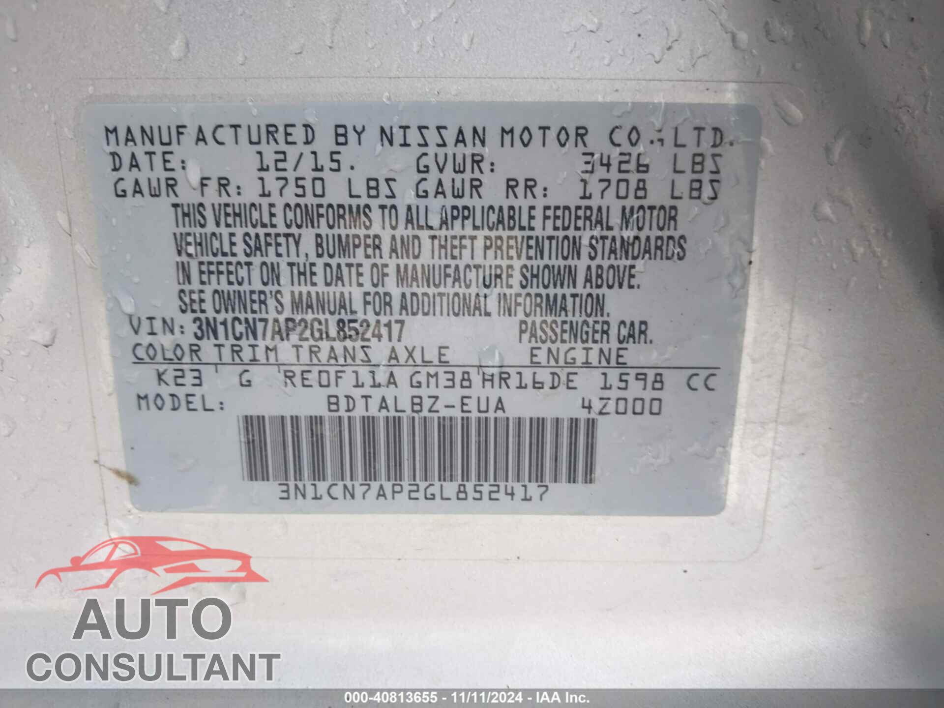 NISSAN VERSA 2016 - 3N1CN7AP2GL852417