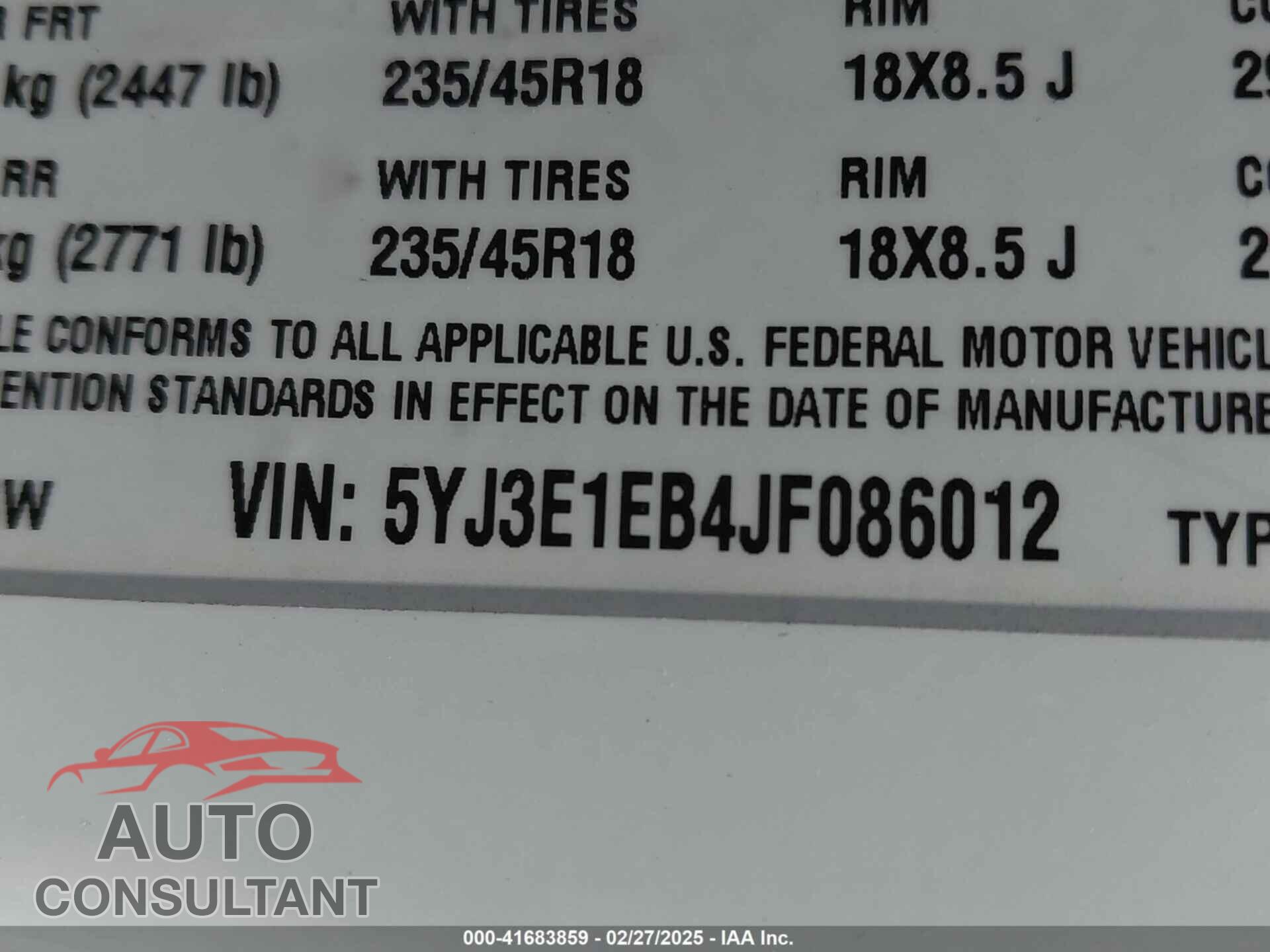 TESLA MODEL 3 2018 - 5YJ3E1EB4JF086012