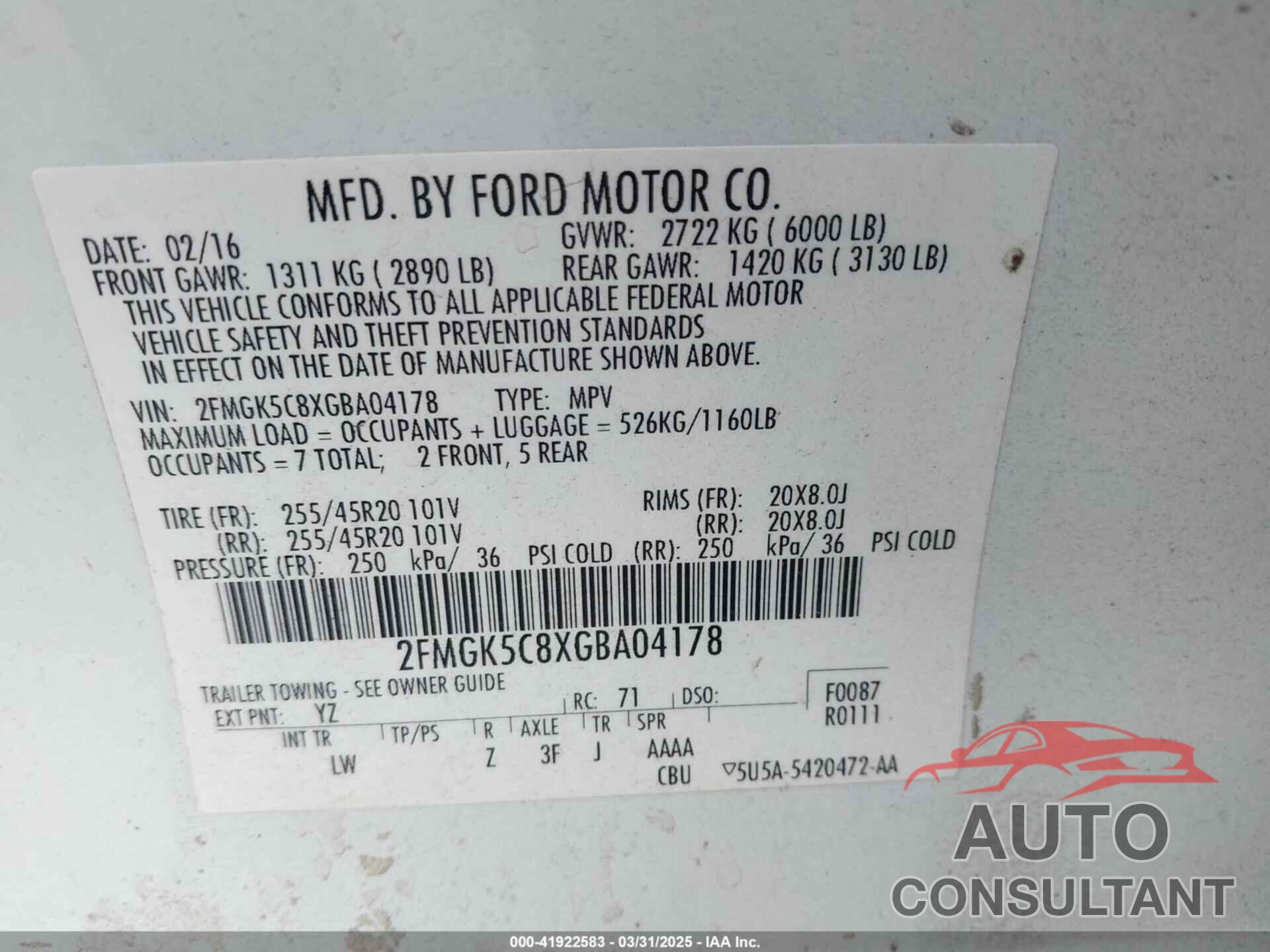 FORD FLEX 2016 - 2FMGK5C8XGBA04178