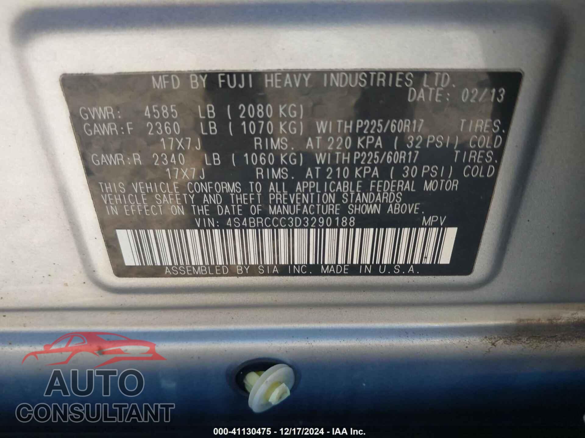 SUBARU OUTBACK 2013 - 4S4BRCCC3D3290188