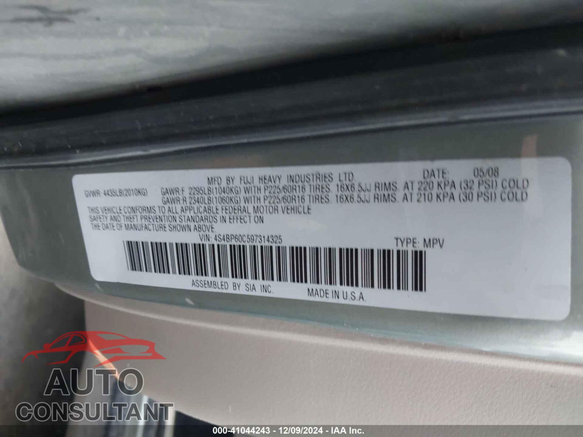 SUBARU OUTBACK 2009 - 4S4BP60C597314325