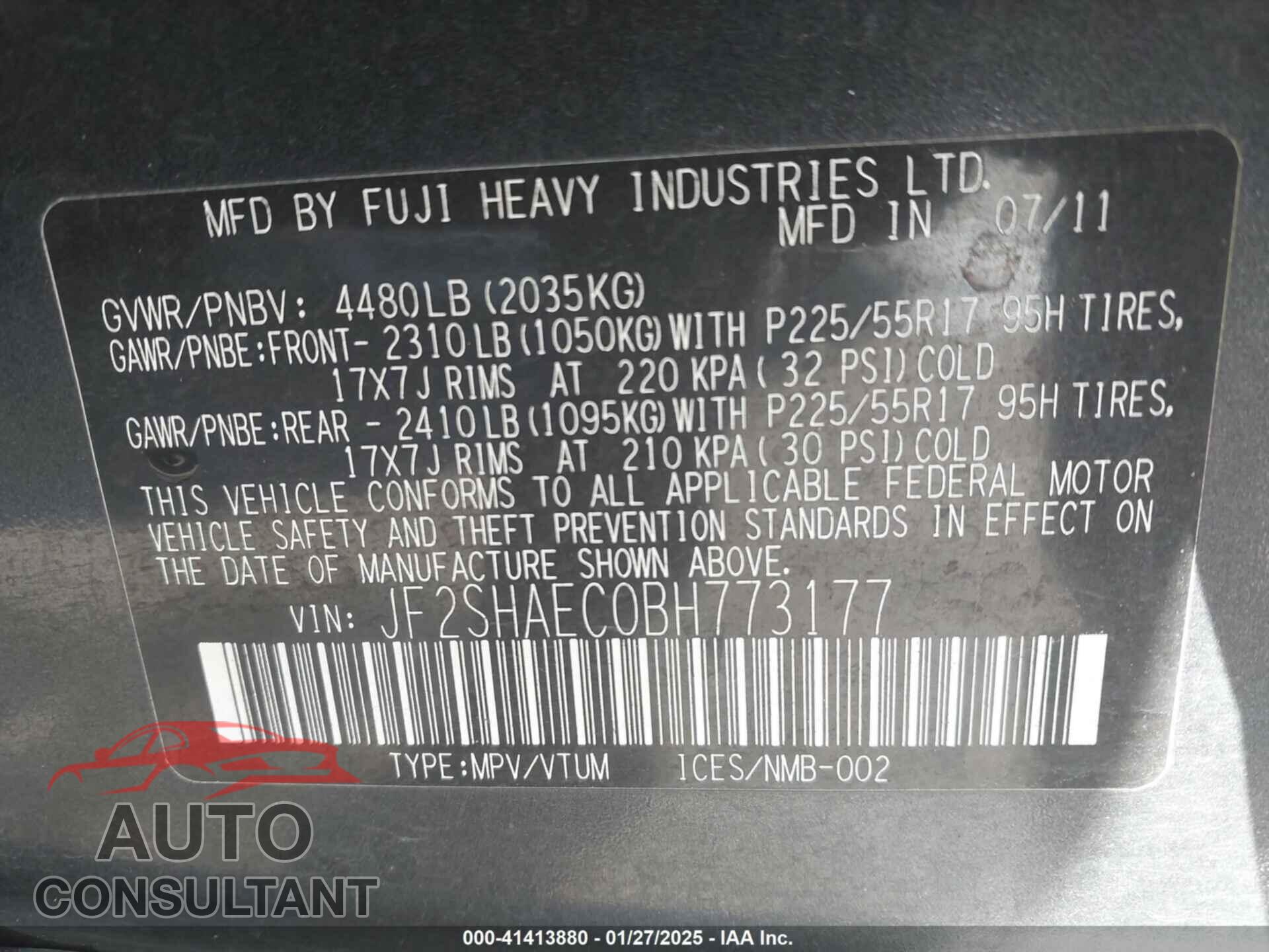 SUBARU FORESTER 2011 - JF2SHAEC0BH773177
