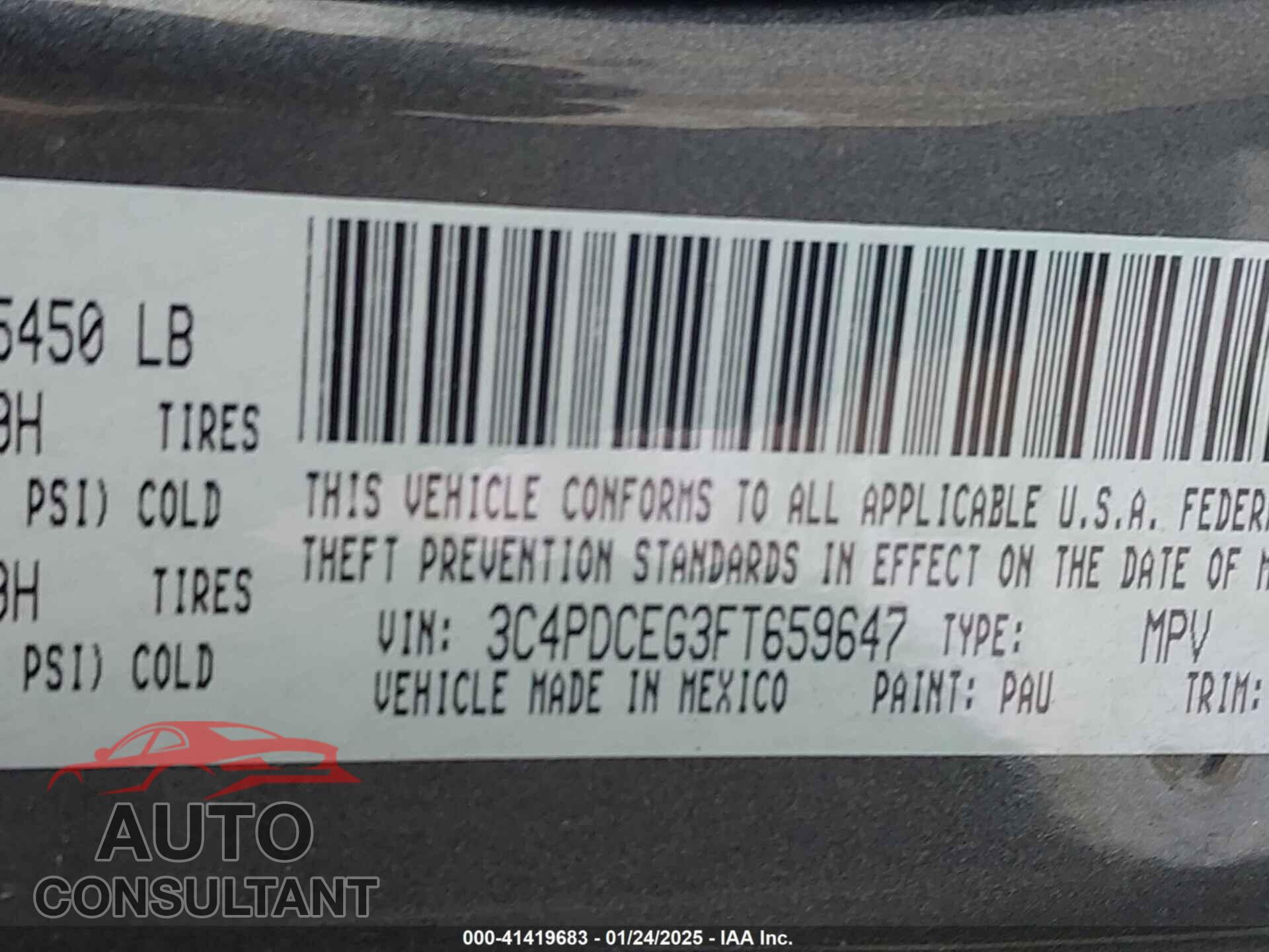 DODGE JOURNEY 2015 - 3C4PDCEG3FT659647
