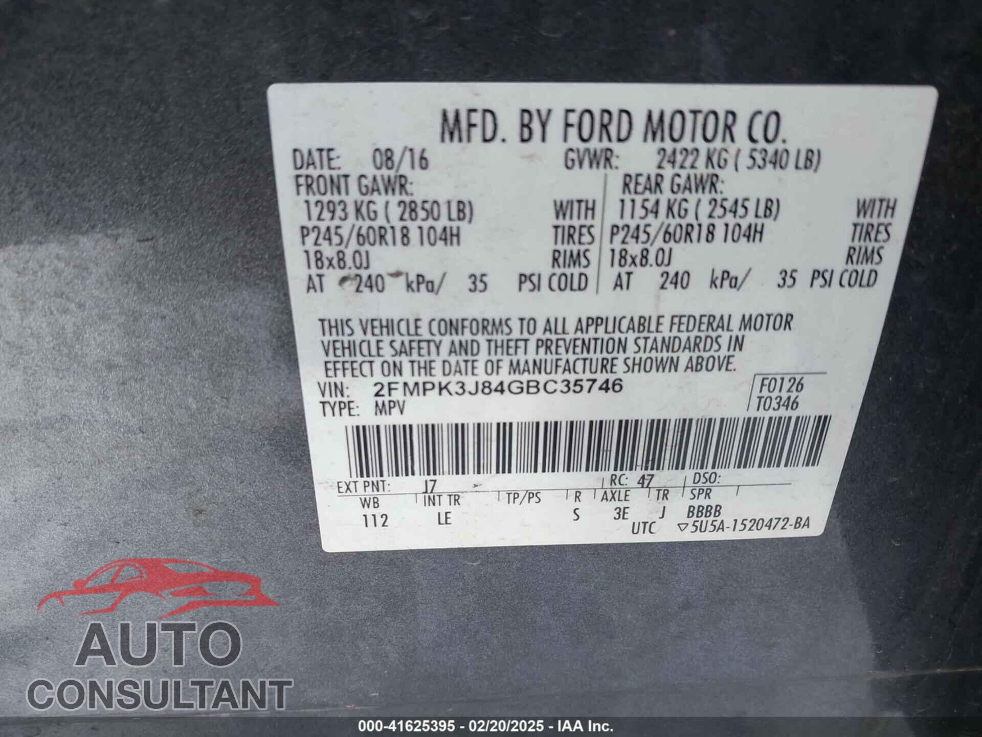 FORD EDGE 2016 - 2FMPK3J84GBC35746