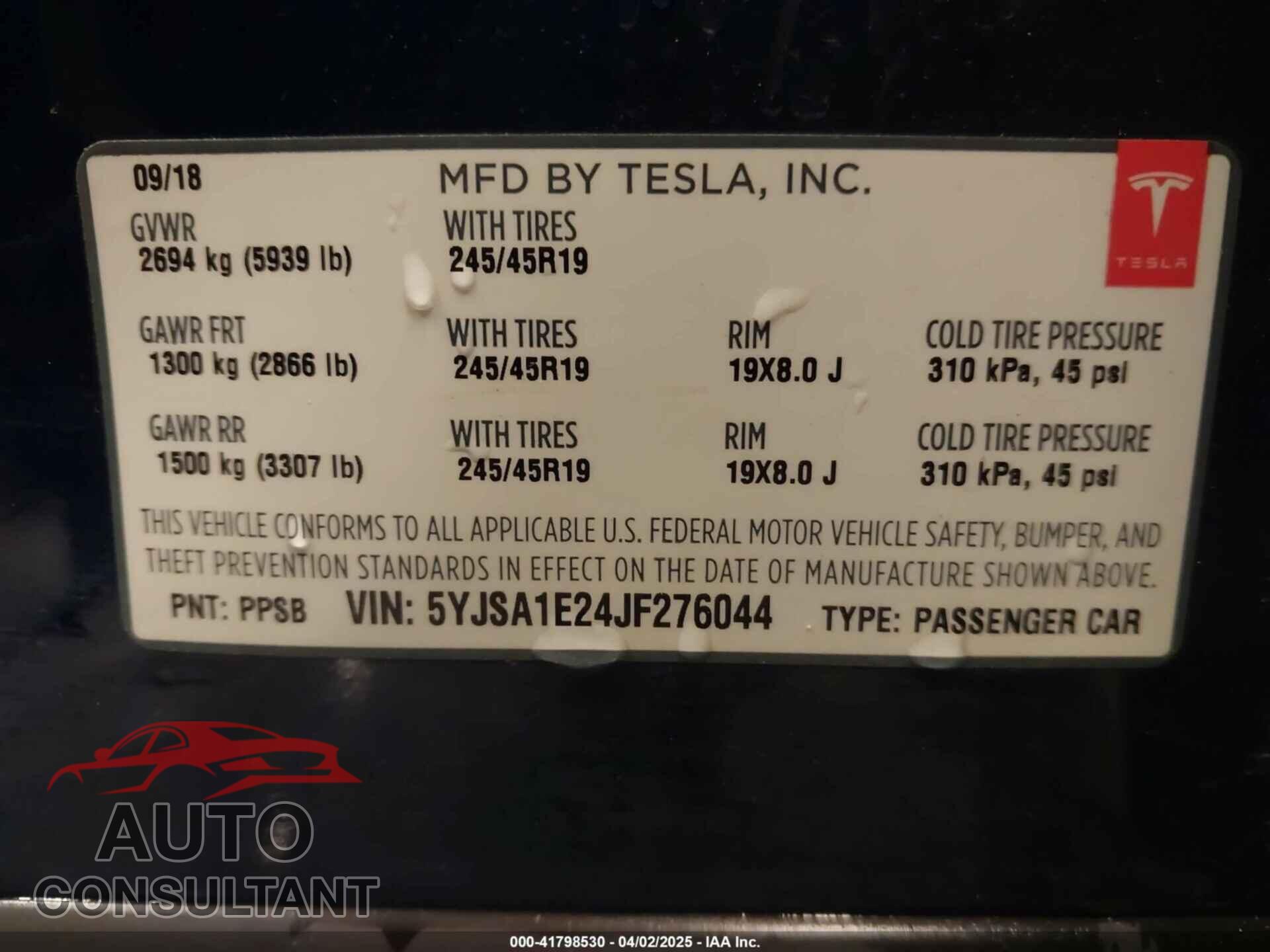 TESLA MODEL S 2018 - 5YJSA1E24JF276044